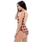 One-Piece Swimsuit Hit Pink and Livid Brown Plaid - Scottish Squares