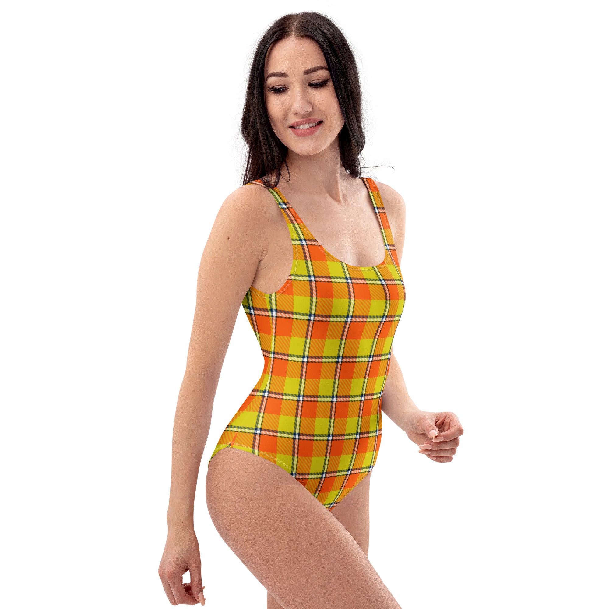 Blaze Orange and Bird Flower Plaid One-Piece Swimsuit – Stylish Swimwear for Women - Scottish Squares