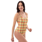 Claystone and Morning Mist Plaid One-Piece Swimsuit – Stylish Swimwear for Women - Scottish Squares