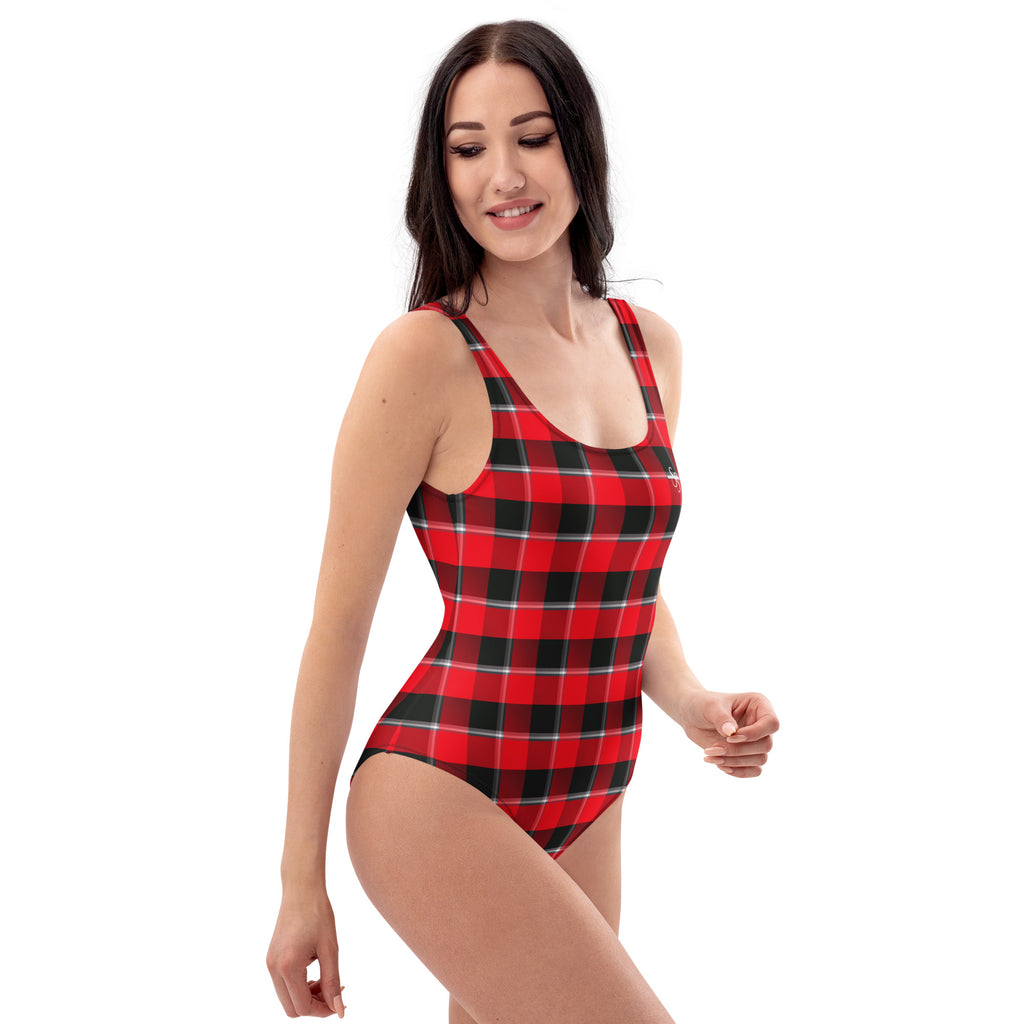 One-Piece Swimsuit Red Ribbon and Heavy Metal Plaid - Scottish Squares