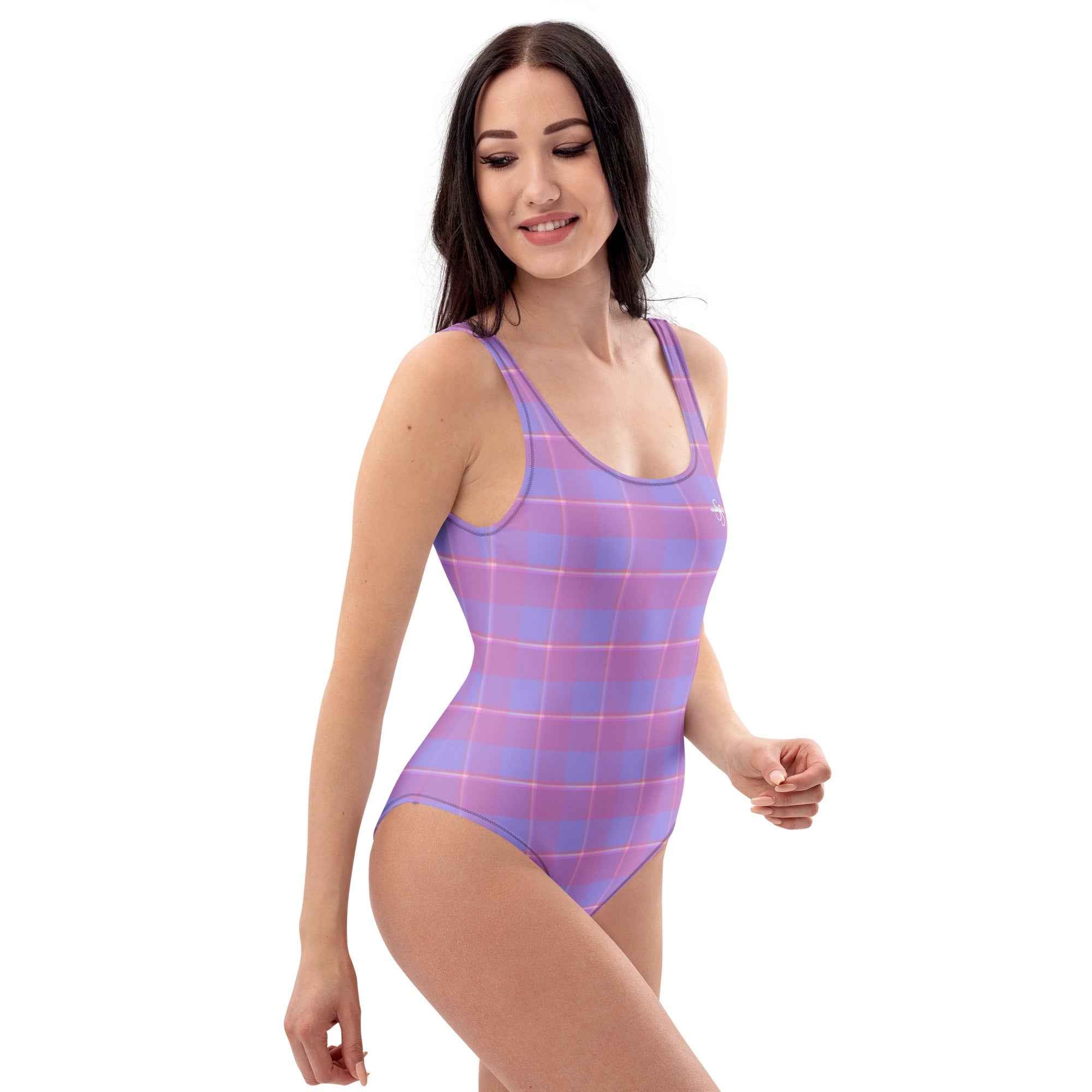 One-Piece Swimsuit Viola and Dull Lavender Plaid - Scottish Squares