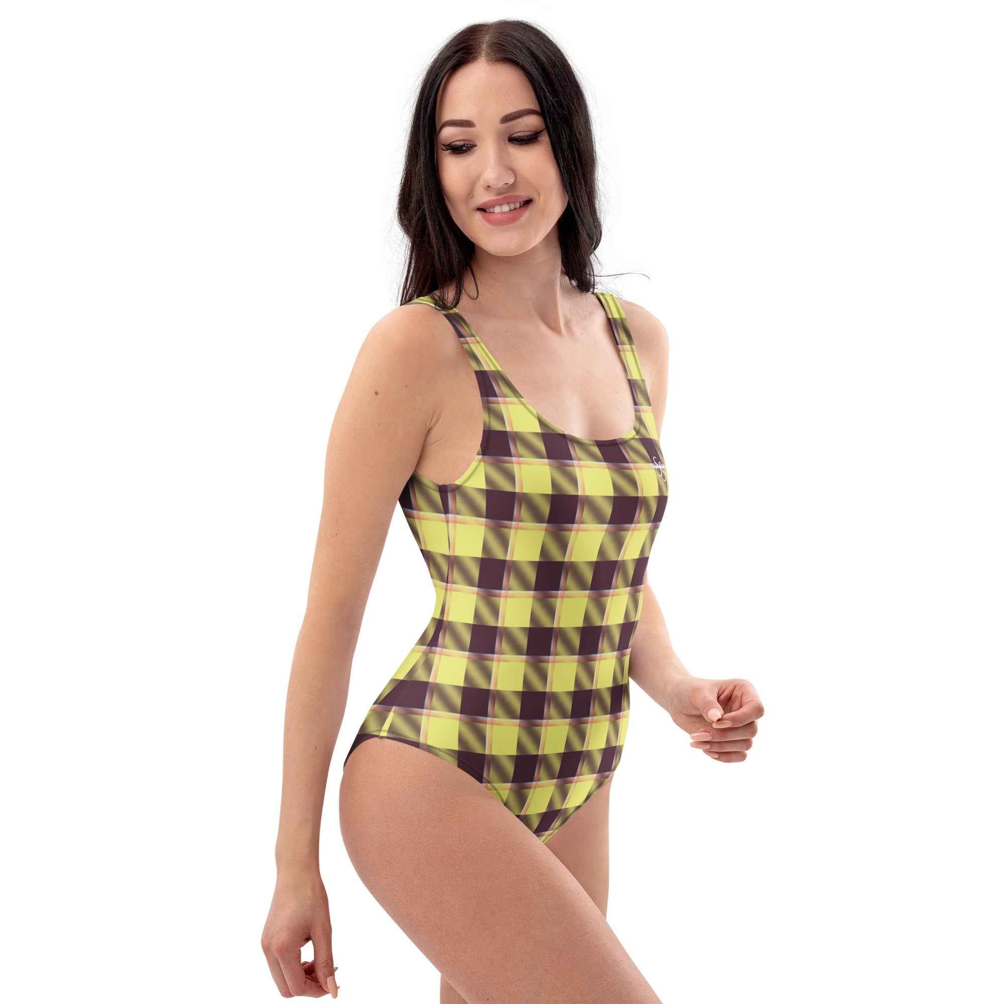 One-Piece Swimsuit Flax and Livid Brown Plaid - Scottish Squares