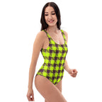 One-Piece Swimsuit Electric Lime and Livid Brown Plaid - Scottish Squares