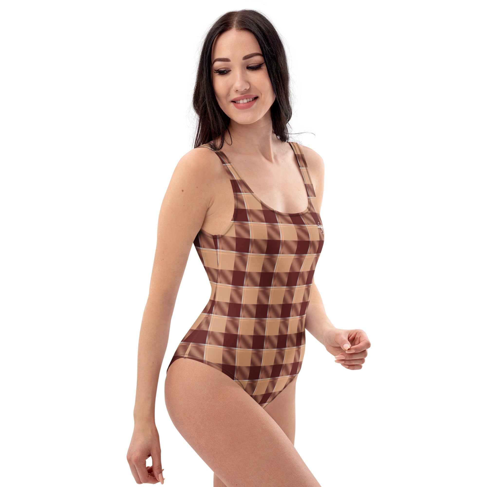 One-Piece Swimsuit Whiskey and Livid Brown Plaid - Scottish Squares