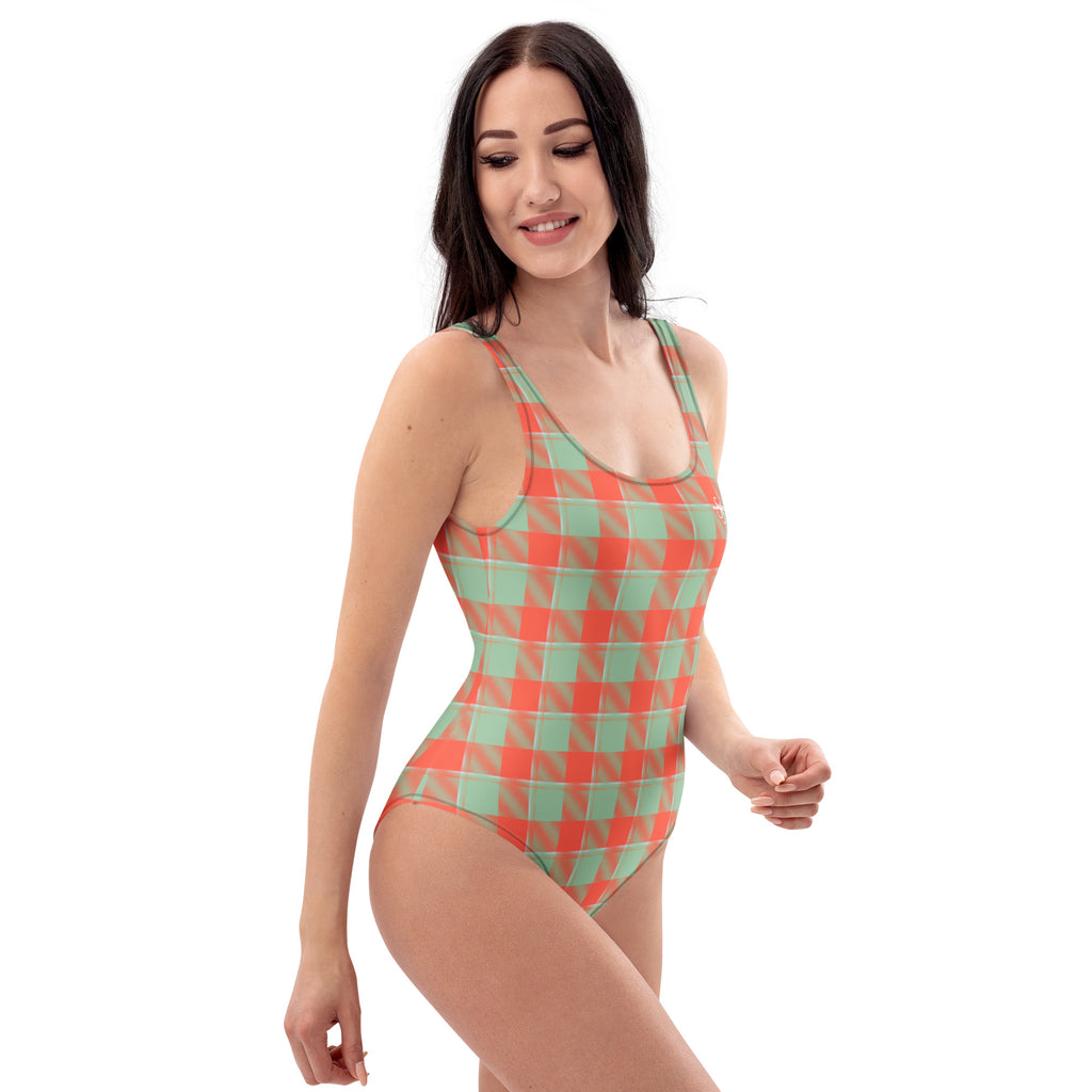 One-Piece Swimsuit Spring Rain and Persimmon Plaid - Scottish Squares