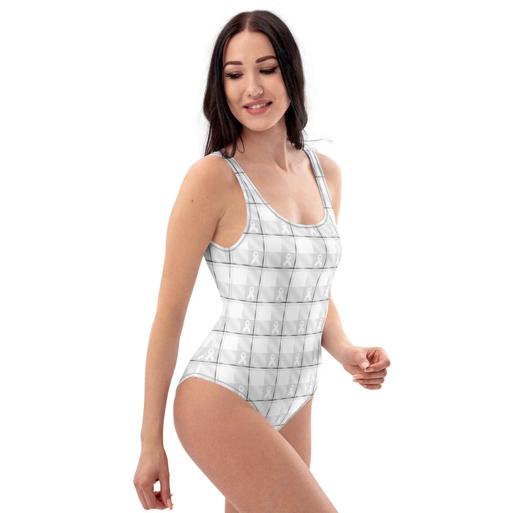 One-Piece Swimsuit Lung Cancer Awareness Plaid, White Ribbon, Supportive Gift - Scottish Squares