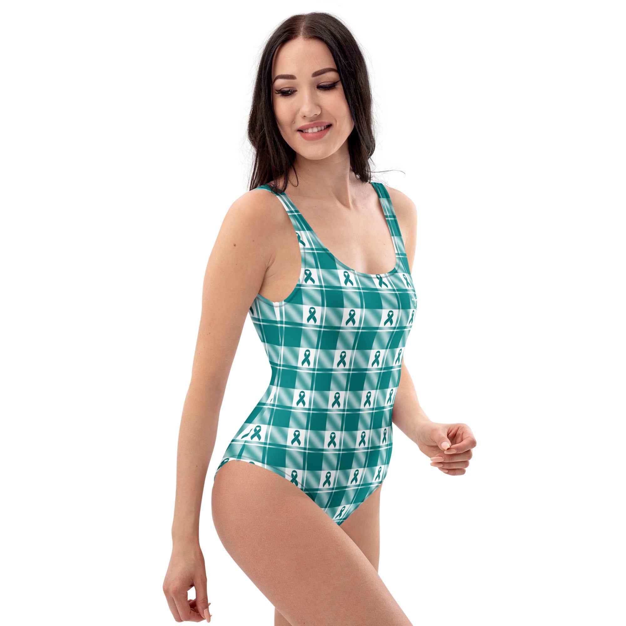One-Piece Swimsuit Cervical Cancer Awareness Plaid, Teal Ribbon, Supportive Gift - Scottish Squares
