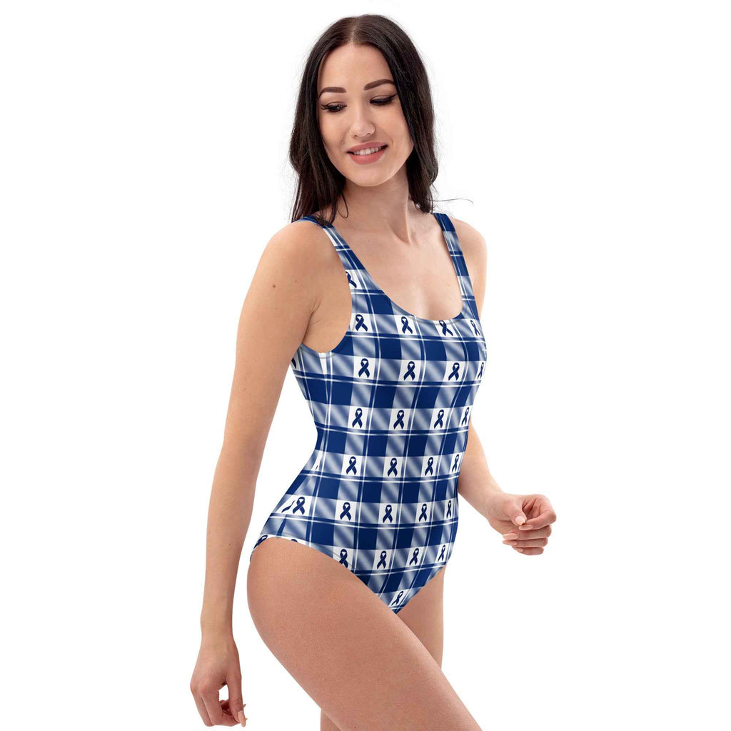 One-Piece Swimsuit Colorectal Cancer Awareness Plaid, Dark Blue Ribbon, Supportive Gift - Scottish Squares