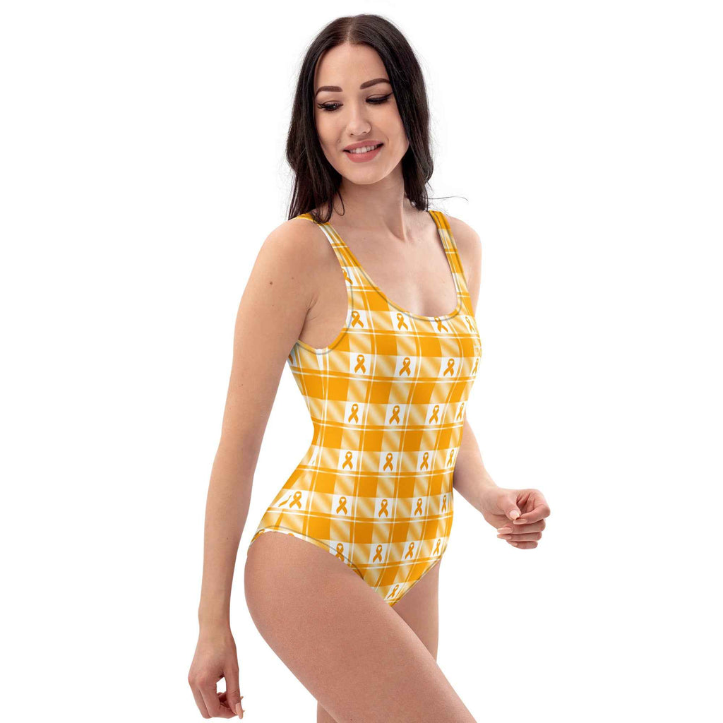 One-Piece Swimsuit Kidney Cancer Awareness Plaid, Orange Ribbon, Supportive Gift - Scottish Squares