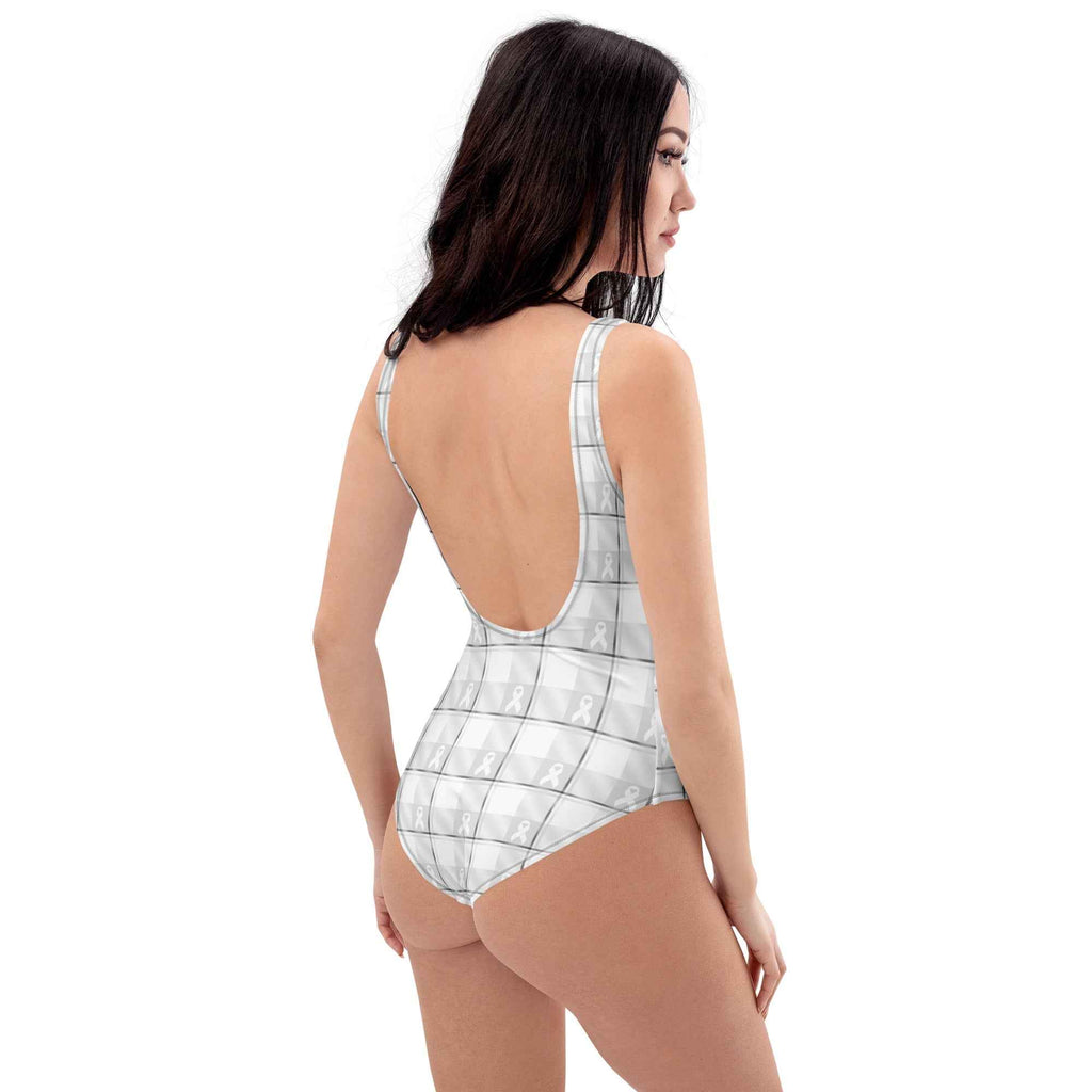 One-Piece Swimsuit Lung Cancer Awareness Plaid, White Ribbon, Supportive Gift - Scottish Squares