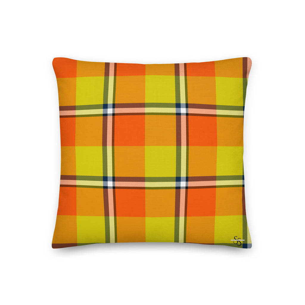 Personalized Blaze Orange and Bird Flower Plaid Throw Pillow - Scottish Squares