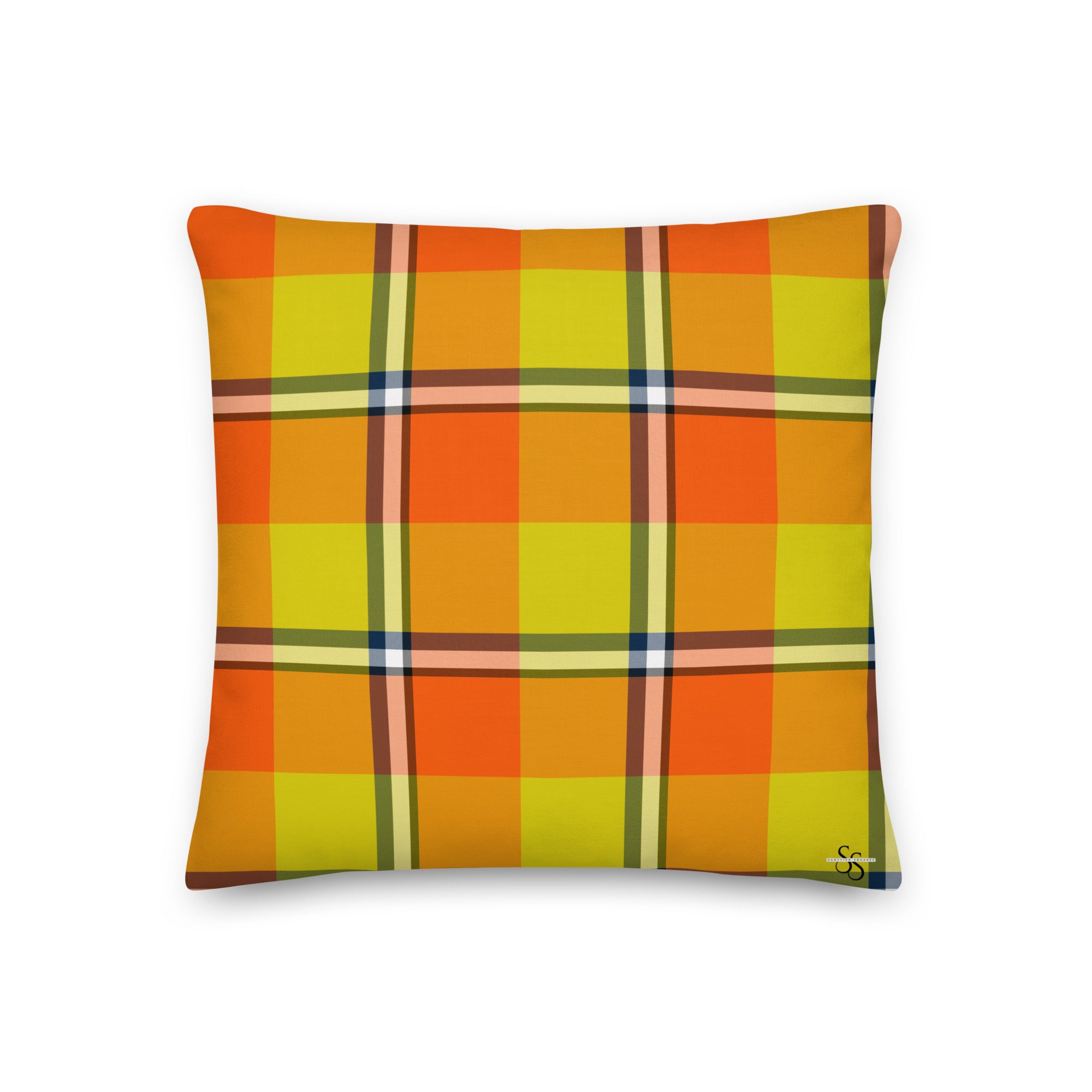 Personalized Blaze Orange and Bird Flower Plaid Throw Pillow - Scottish Squares