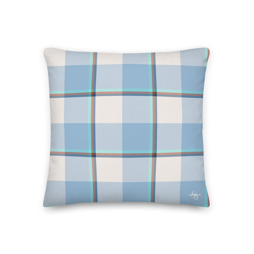 Personalized Pink Cloud and Blue Lagoon Plaid Throw Pillow - Scottish Squares