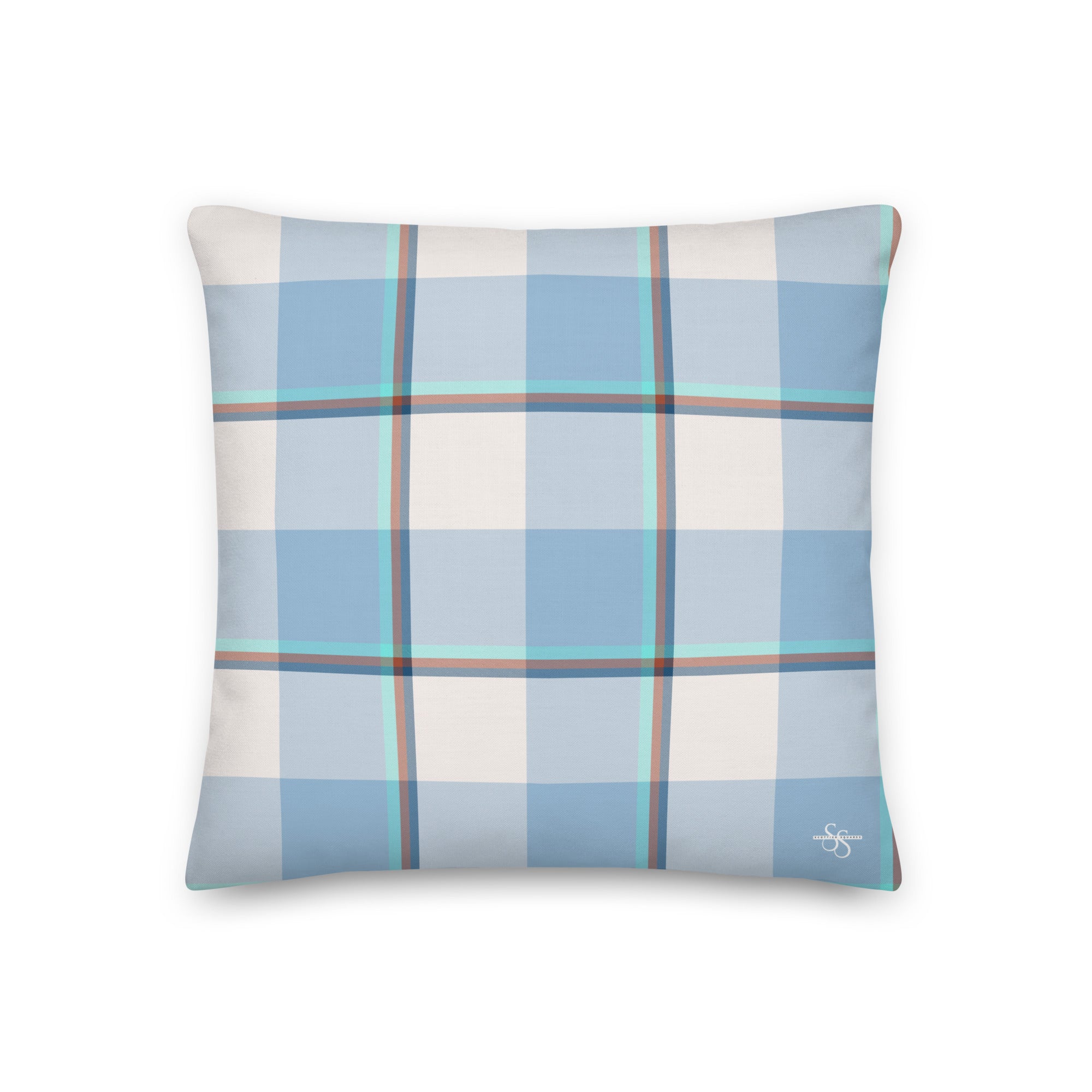 Personalized Pink Cloud and Blue Lagoon Plaid Throw Pillow - Scottish Squares