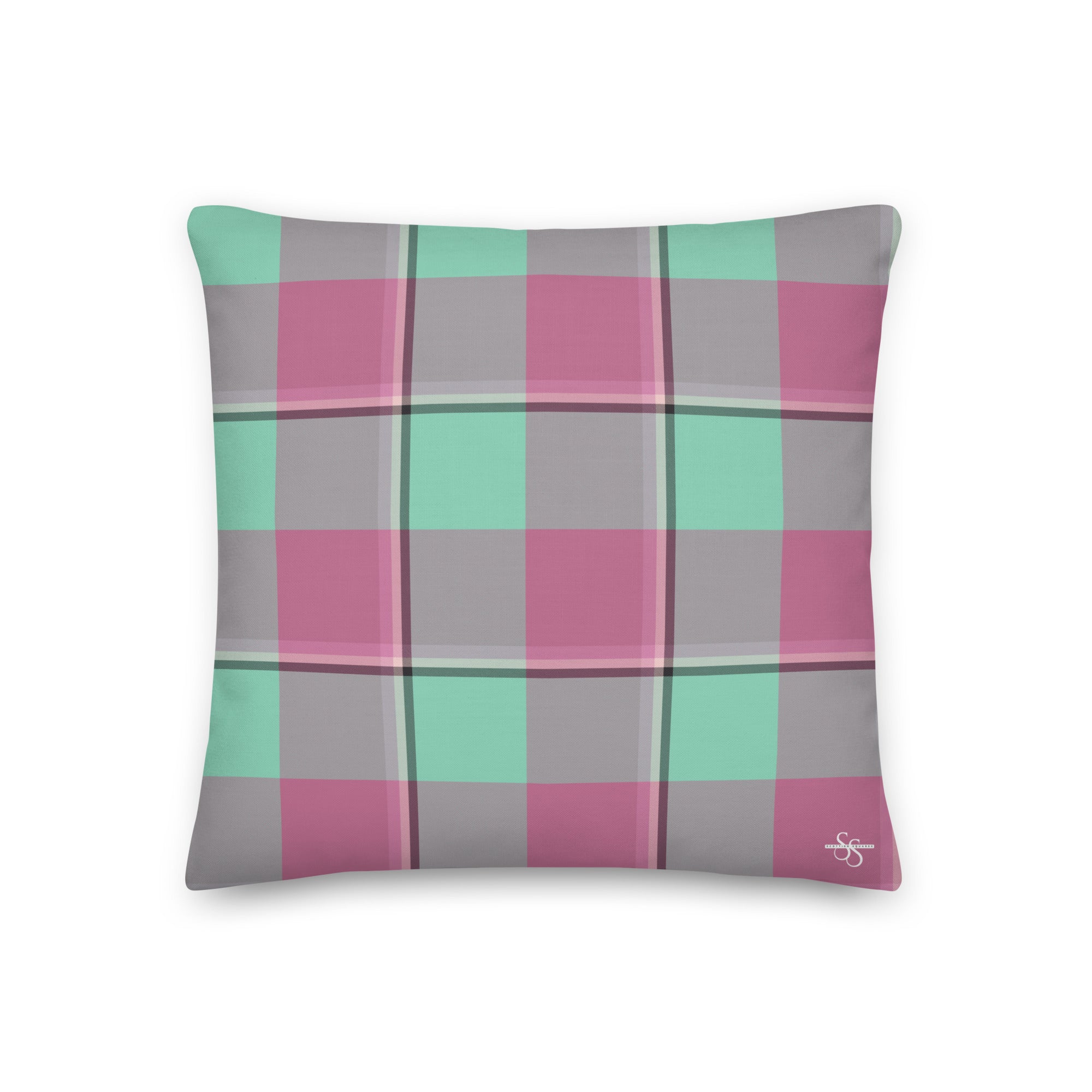 Personalized Vista Blue and Turkish Rose Plaid Throw Pillow - Scottish Squares