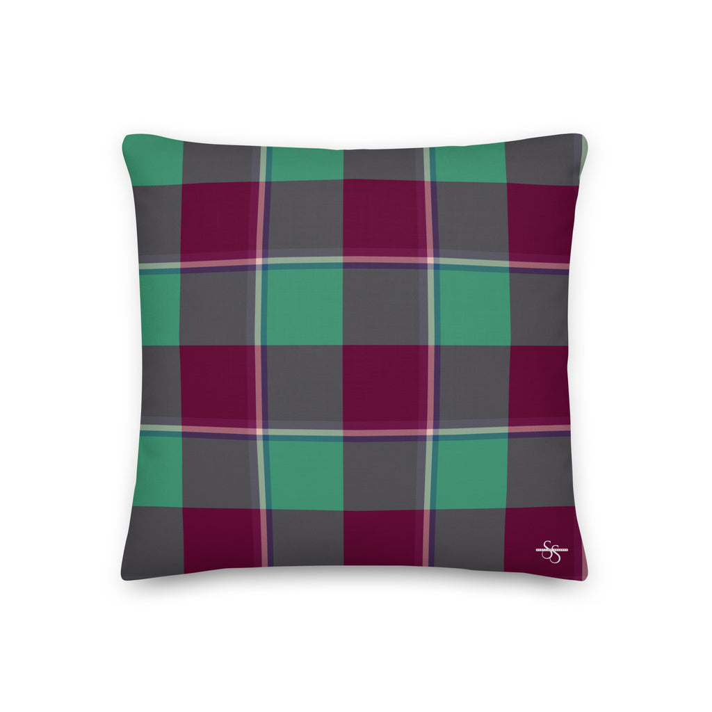Personalized Ocean Green and Mulberry Wood Plaid Pillow - Scottish Squares