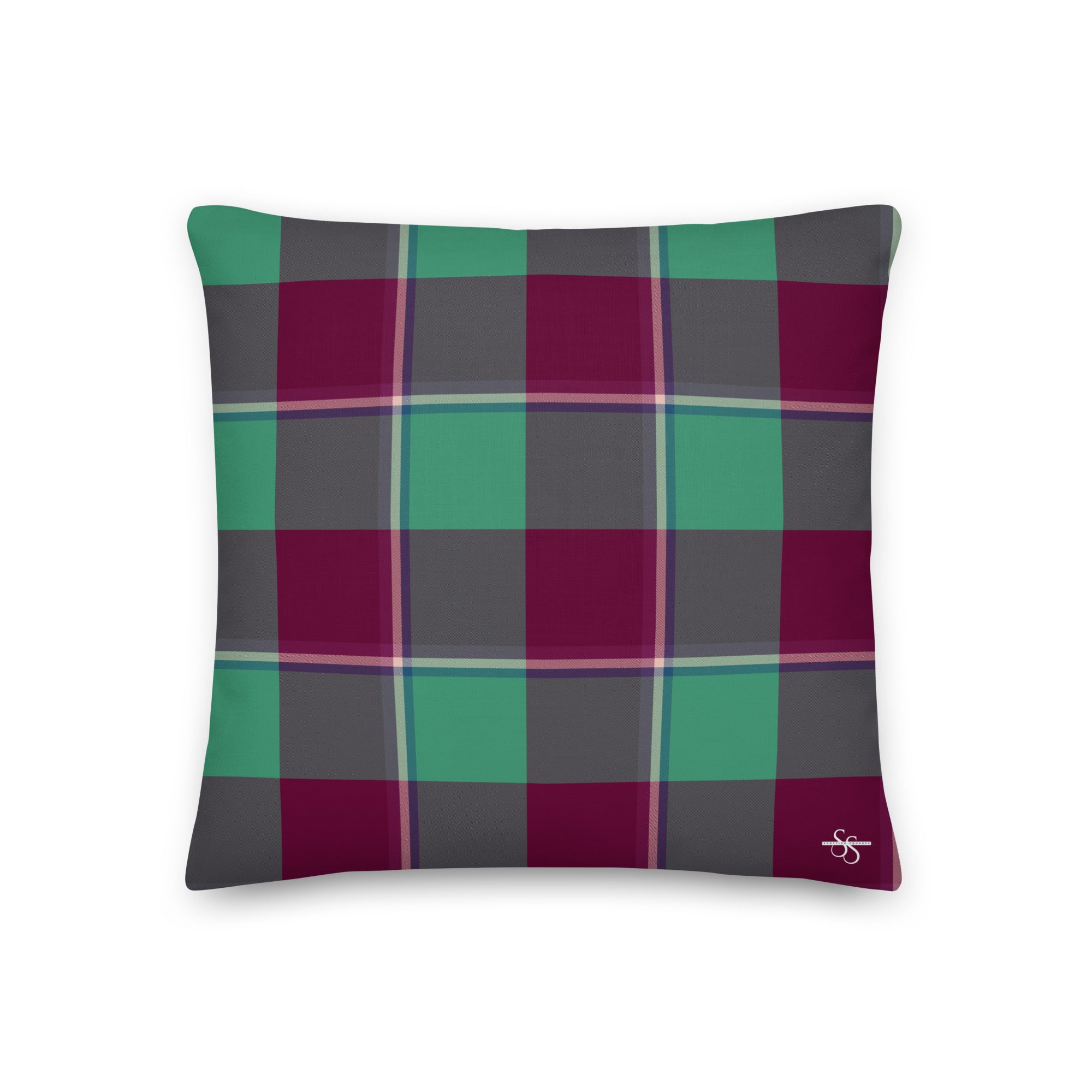 Personalized Ocean Green and Mulberry Wood Plaid Pillow - Scottish Squares