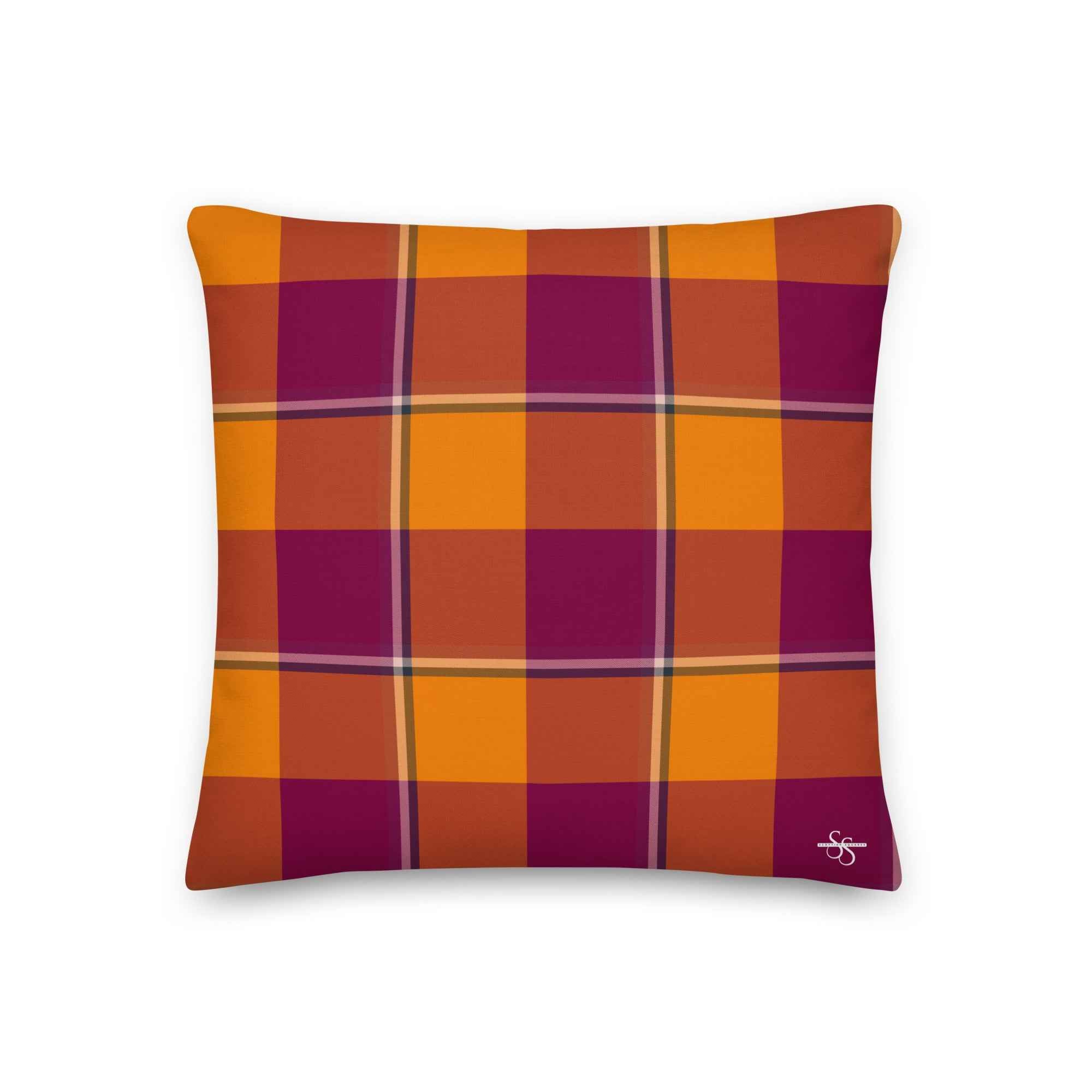 Personalized Tahiti Gold and Rose Bud Cherry Plaid Throw Pillow - Scottish Squares