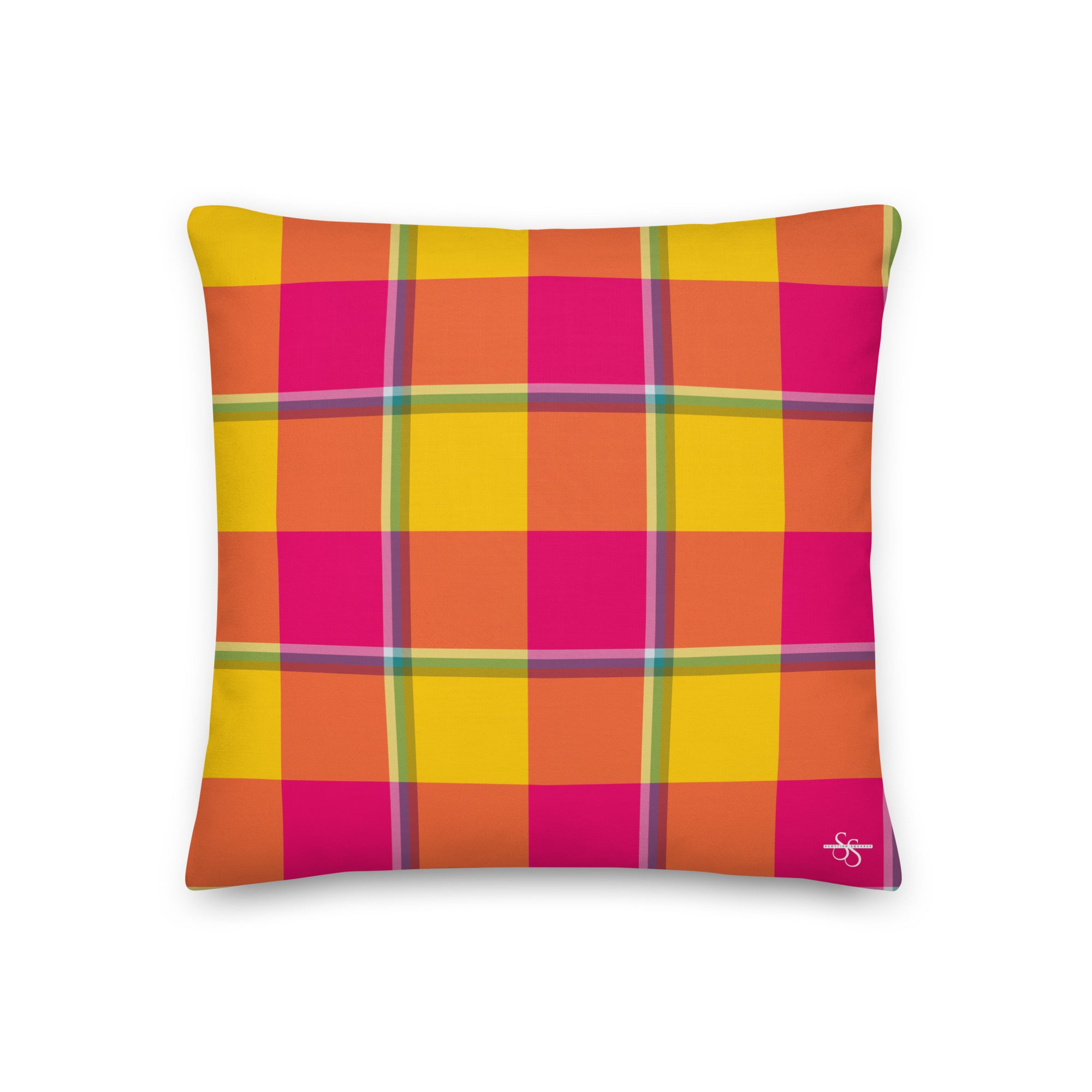 Personalized Corn and Razzmatazz Plaid Throw Pillow - Scottish Squares