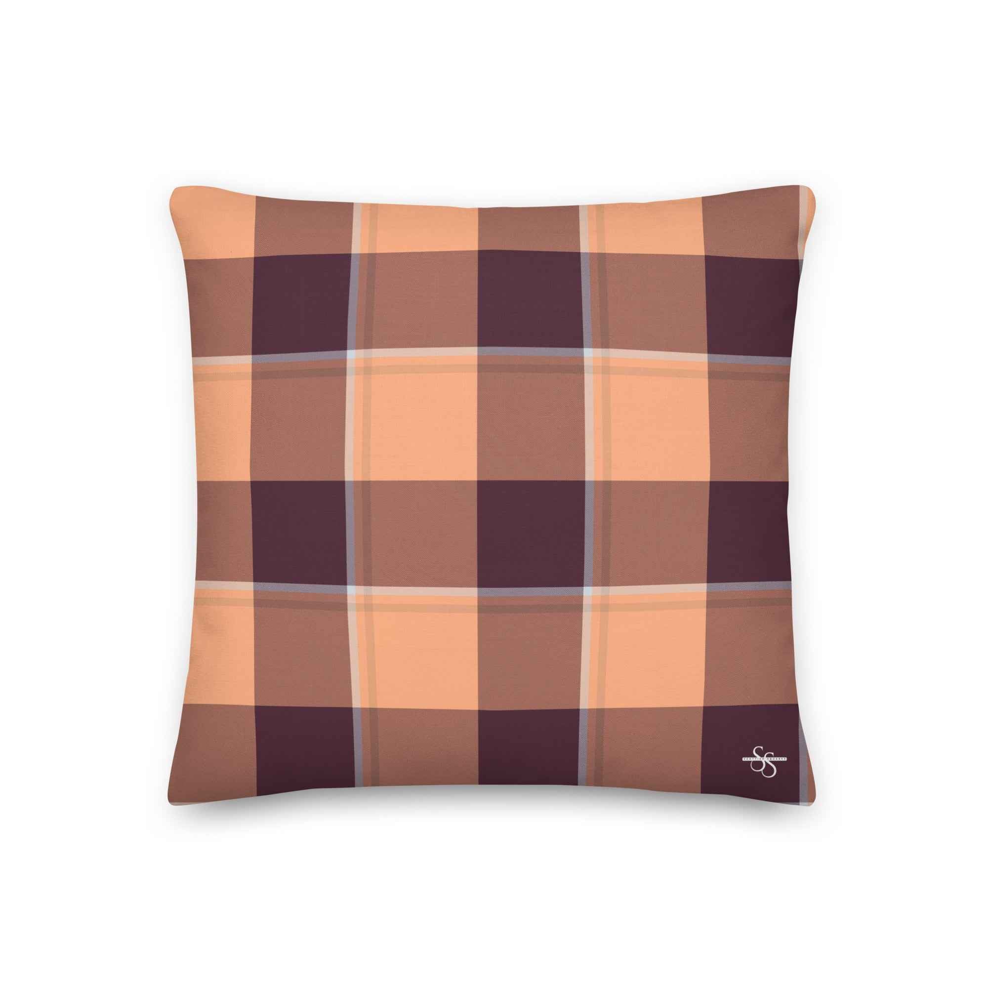 Personalized Hit Pink and Livid Brown Plaid Throw Pillow - Scottish Squares