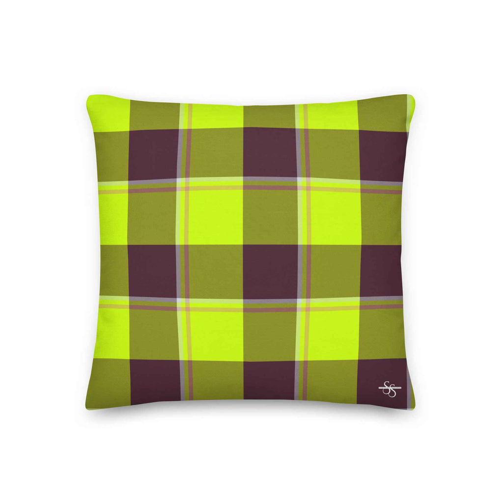 Personalized Electric Lime and Livid Brown Plaid Throw Pillow - Scottish Squares