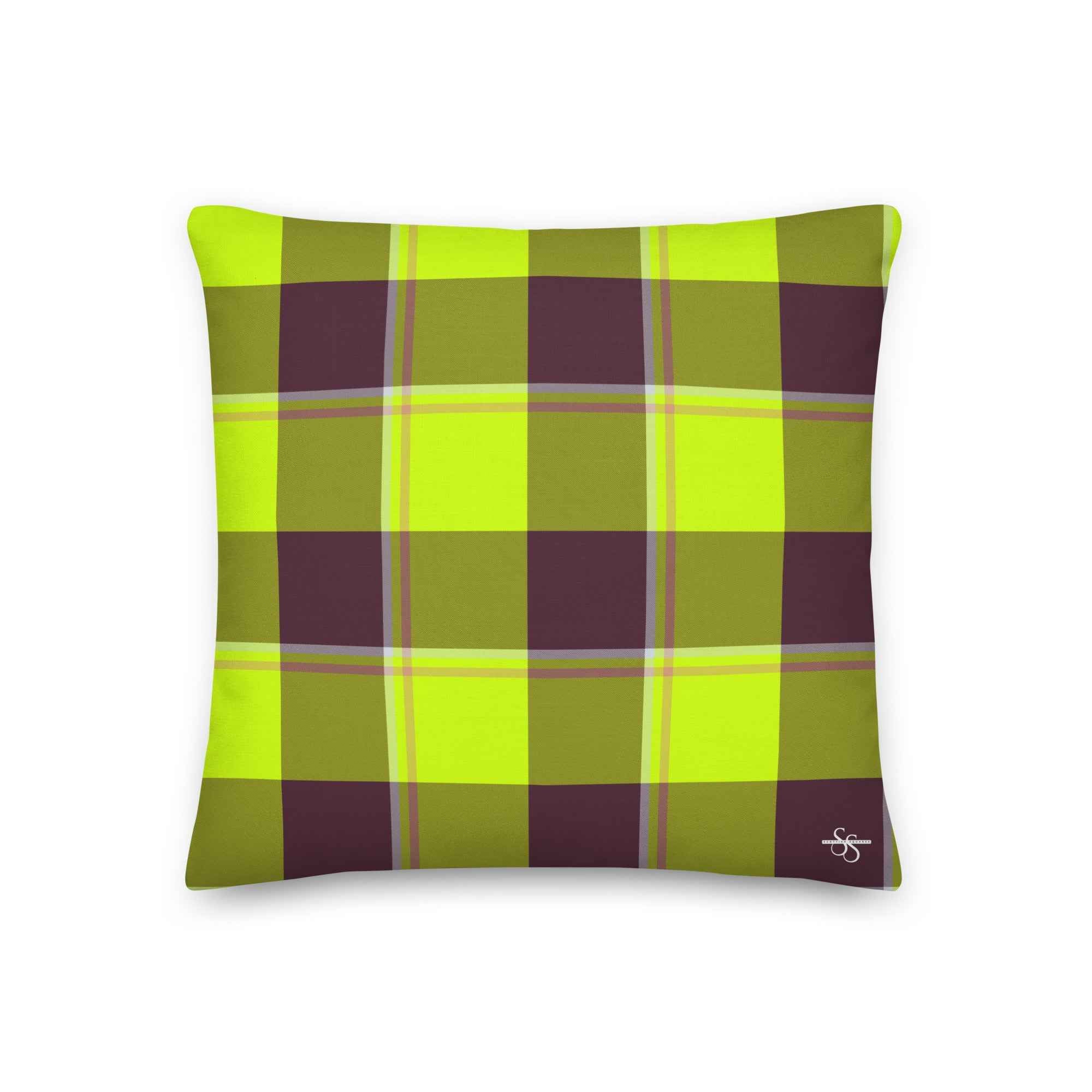 Personalized Electric Lime and Livid Brown Plaid Throw Pillow - Scottish Squares