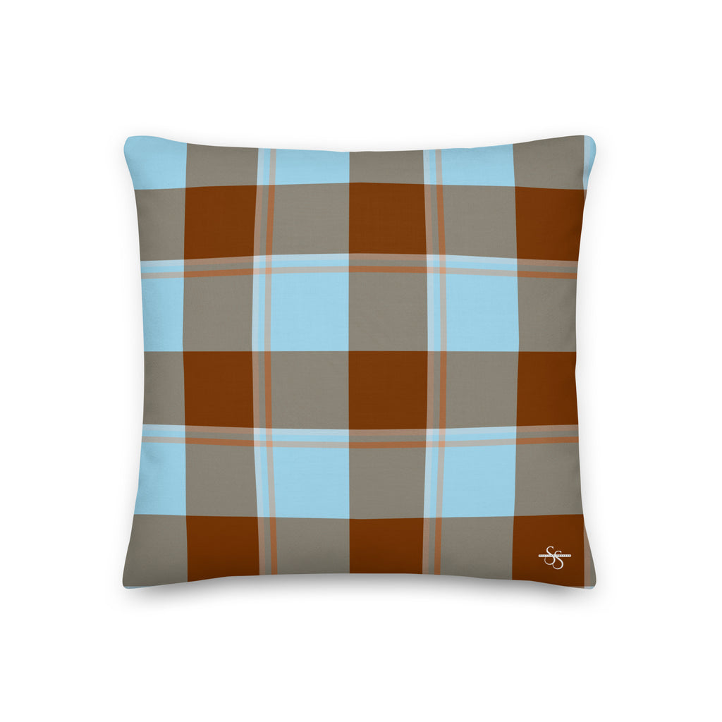 Personalized Blizzard Blue and Livid Brown Plaid Throw Pillow - Scottish Squares