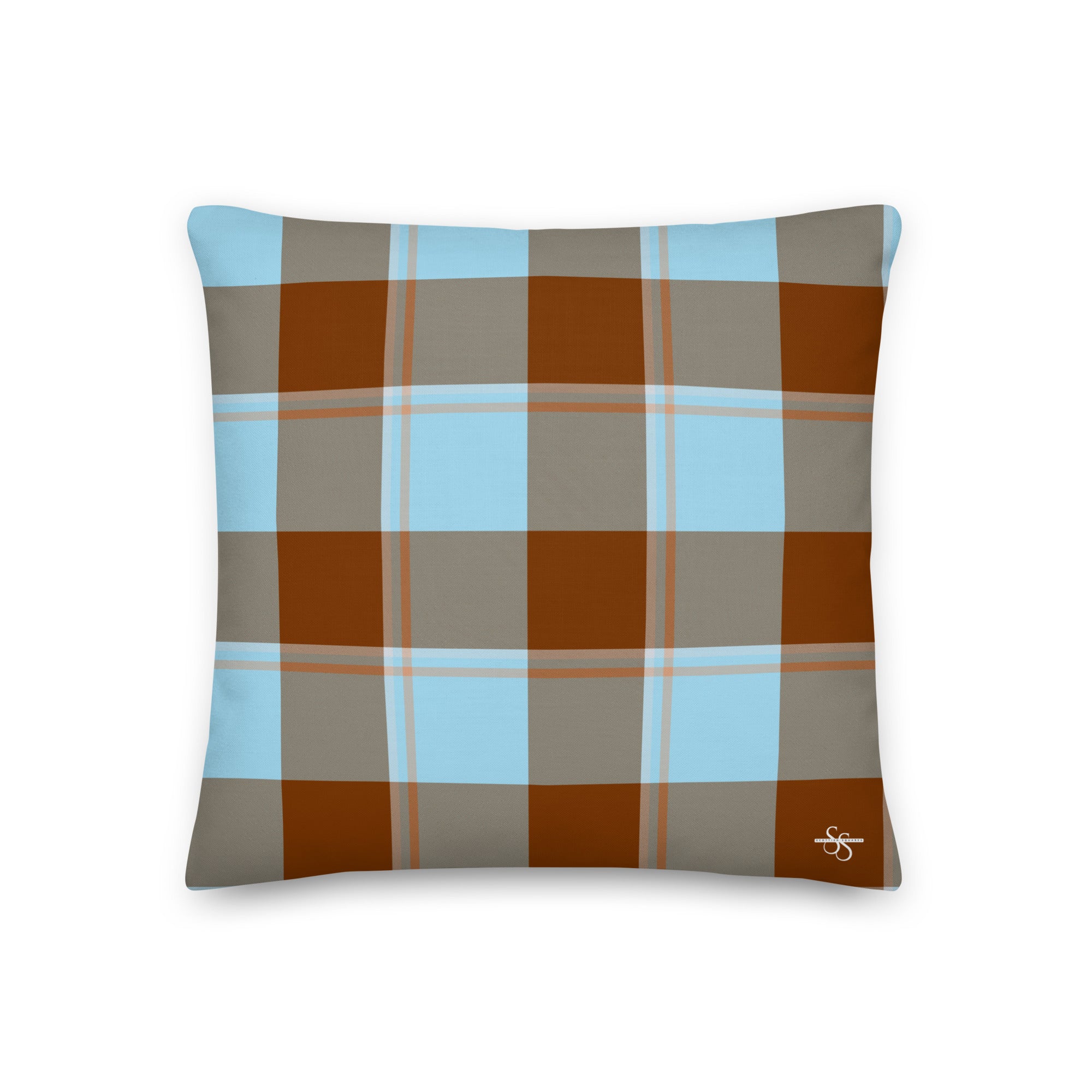 Personalized Blizzard Blue and Livid Brown Plaid Throw Pillow - Scottish Squares