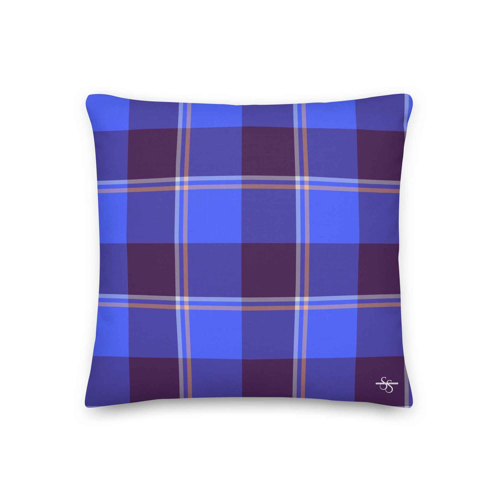 Personalized Cornflower Blue and Livid Brown Plaid Throw Pillow - Scottish Squares