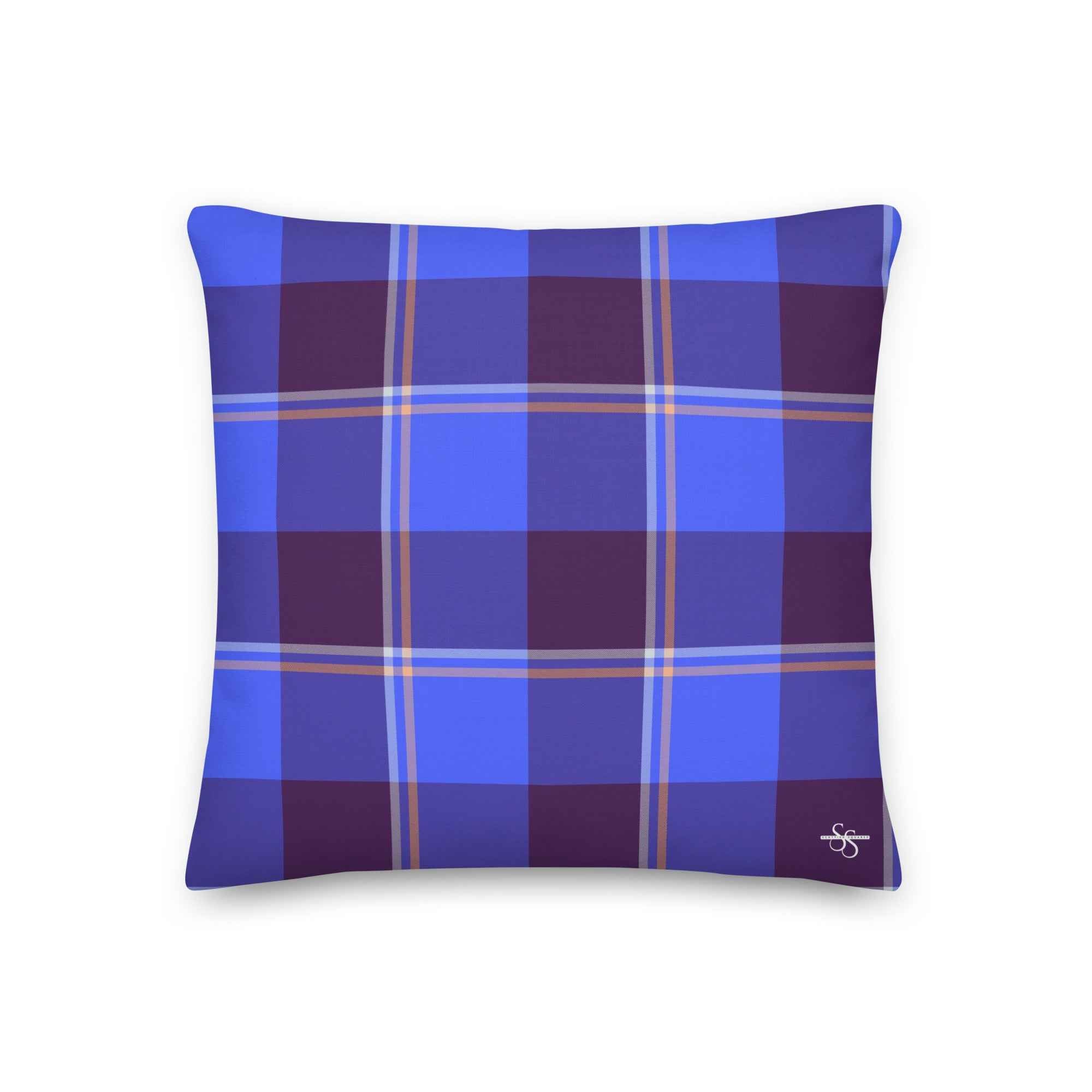 Personalized Cornflower Blue and Livid Brown Plaid Throw Pillow - Scottish Squares