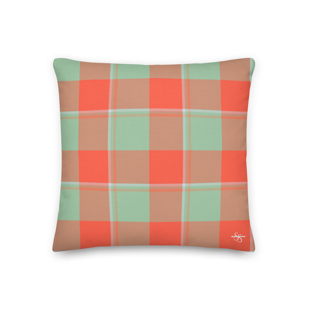 Personalized Spring Rain and Persimmon Plaid Throw Pillow - Scottish Squares