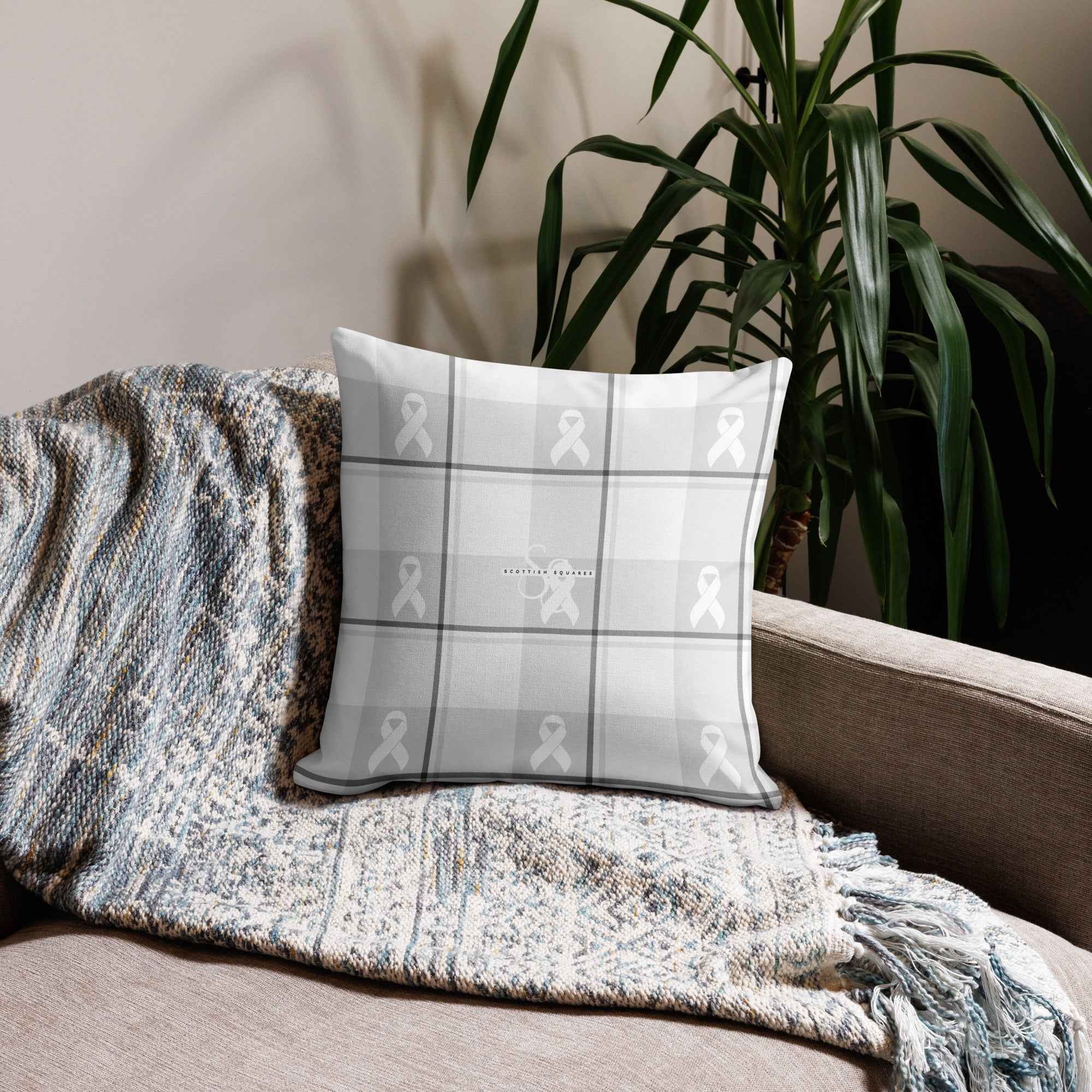 Throw Pillow Lung Cancer Awareness Plaid, White Ribbon, Supportive Gift - Scottish Squares