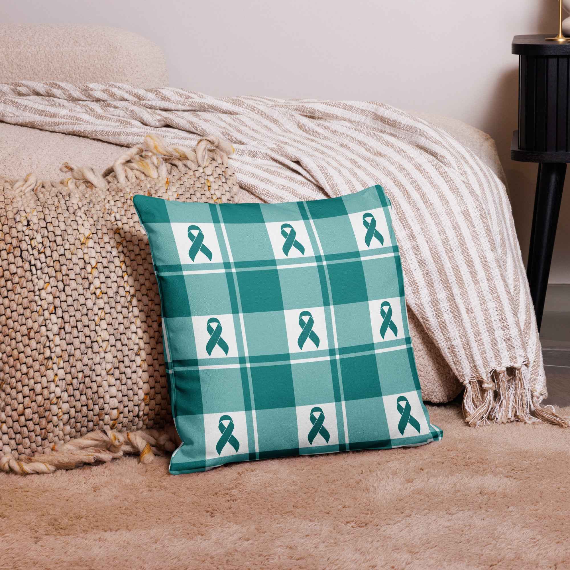 Throw Pillow Cervical Cancer Awareness Plaid, Teal Ribbon, Supportive Gift - Scottish Squares