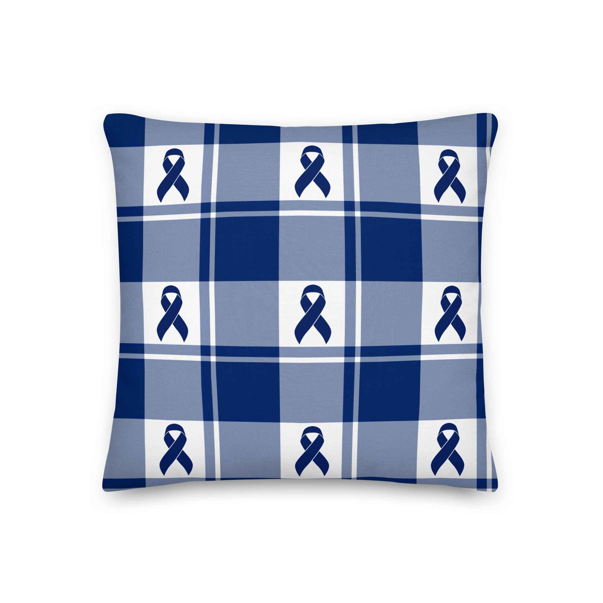 Throw Pillow Colorectal Cancer Awareness Plaid, Dark Blue Ribbon, Supportive Gift - Scottish Squares