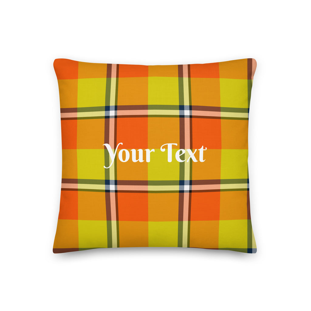 Personalized Blaze Orange and Bird Flower Plaid Throw Pillow - Scottish Squares