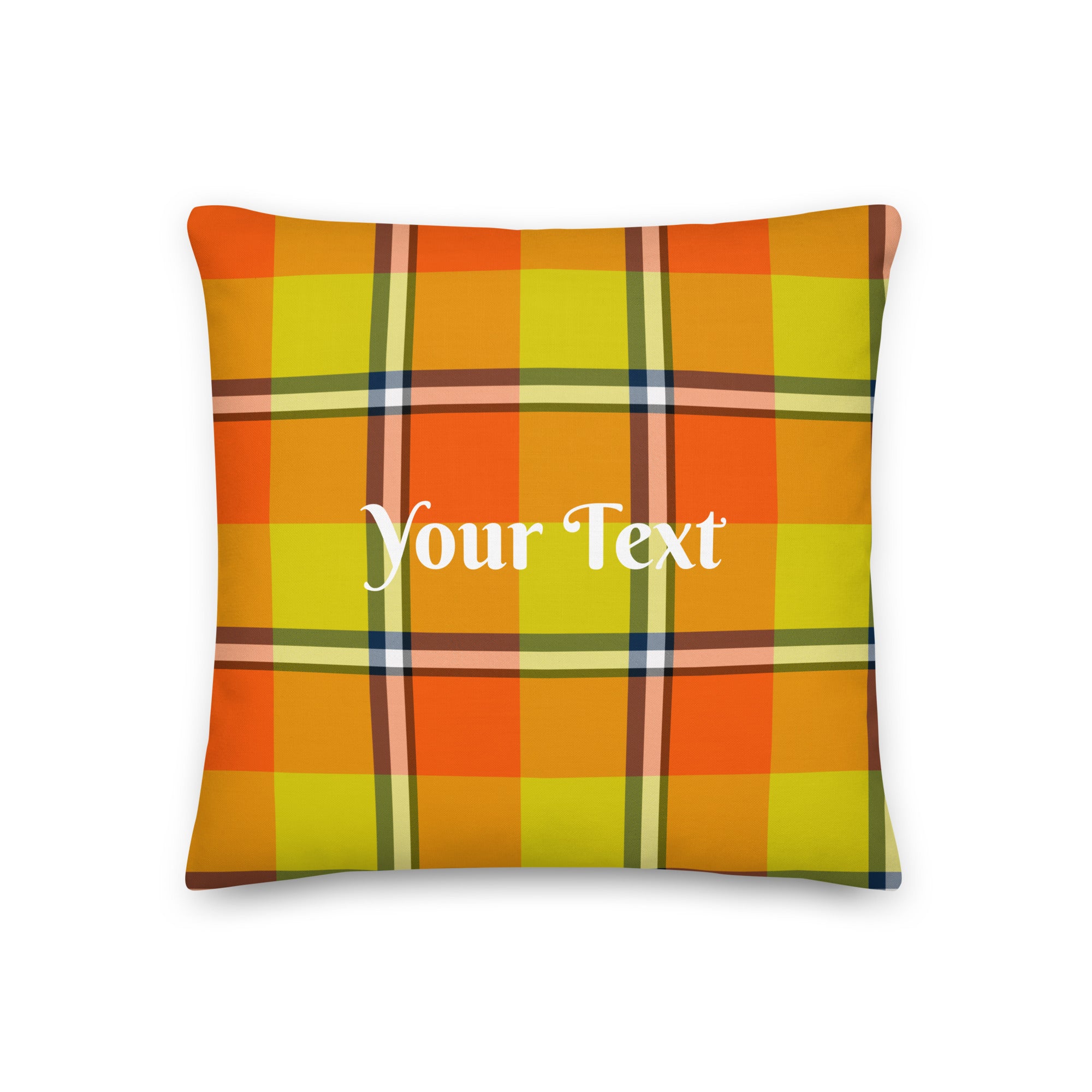 Personalized Blaze Orange and Bird Flower Plaid Throw Pillow - Scottish Squares