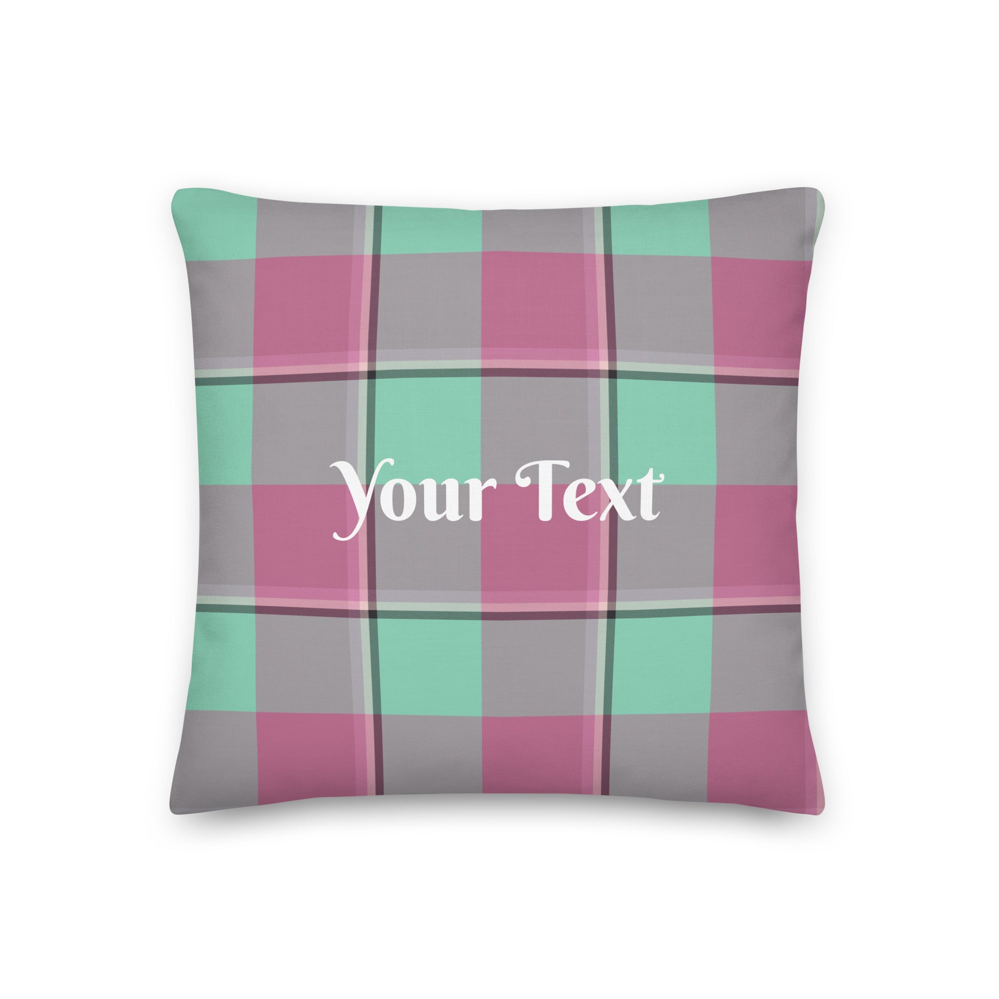 Personalized Vista Blue and Turkish Rose Plaid Throw Pillow - Scottish Squares