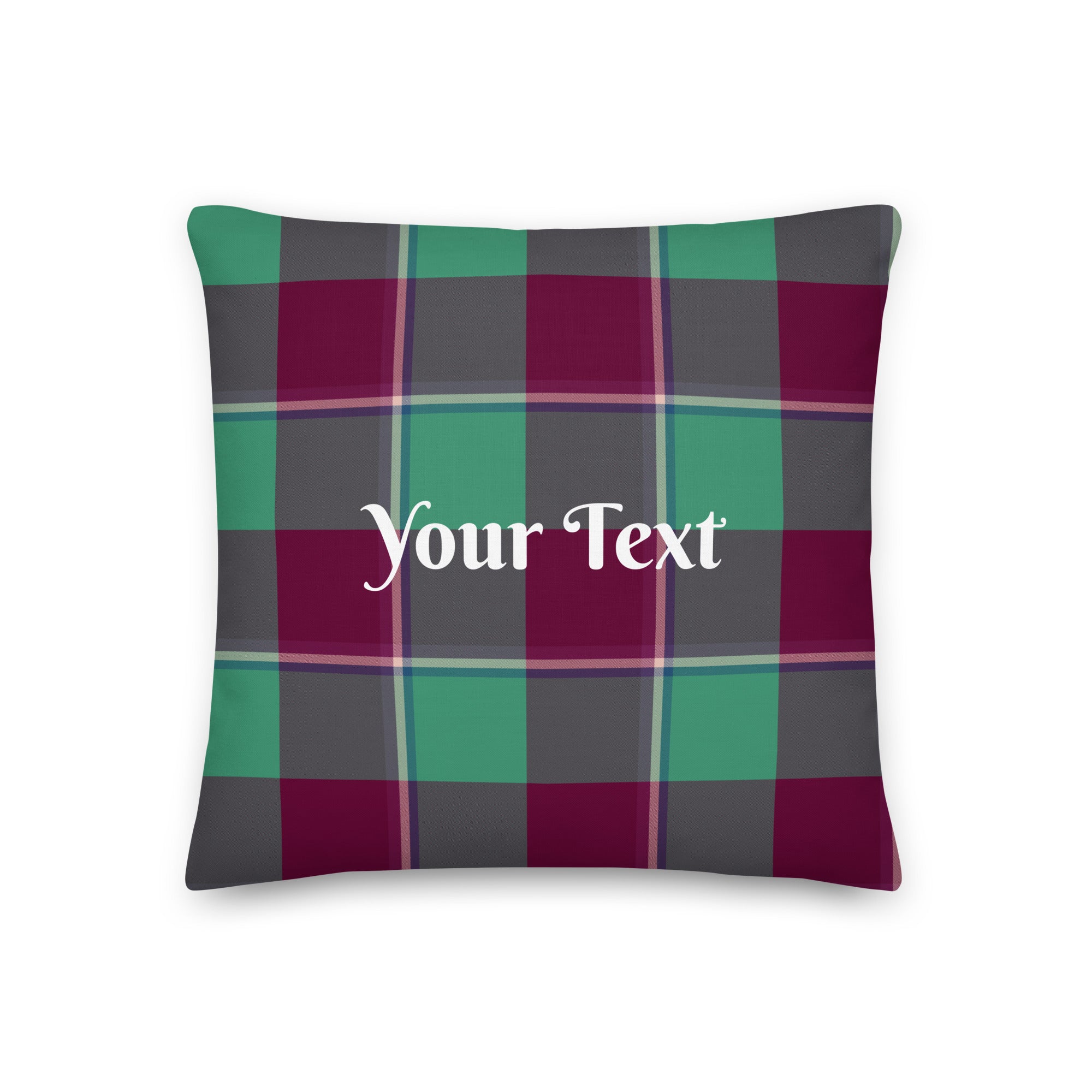 Personalized Ocean Green and Mulberry Wood Plaid Pillow - Scottish Squares