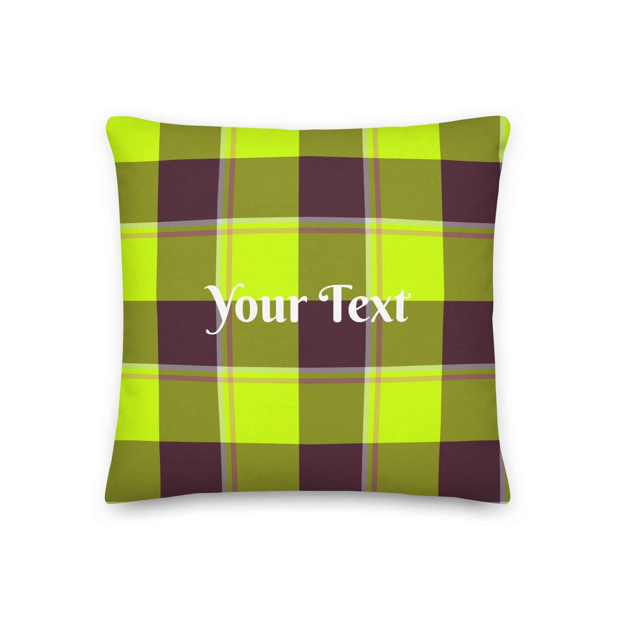 Personalized Electric Lime and Livid Brown Plaid Throw Pillow - Scottish Squares