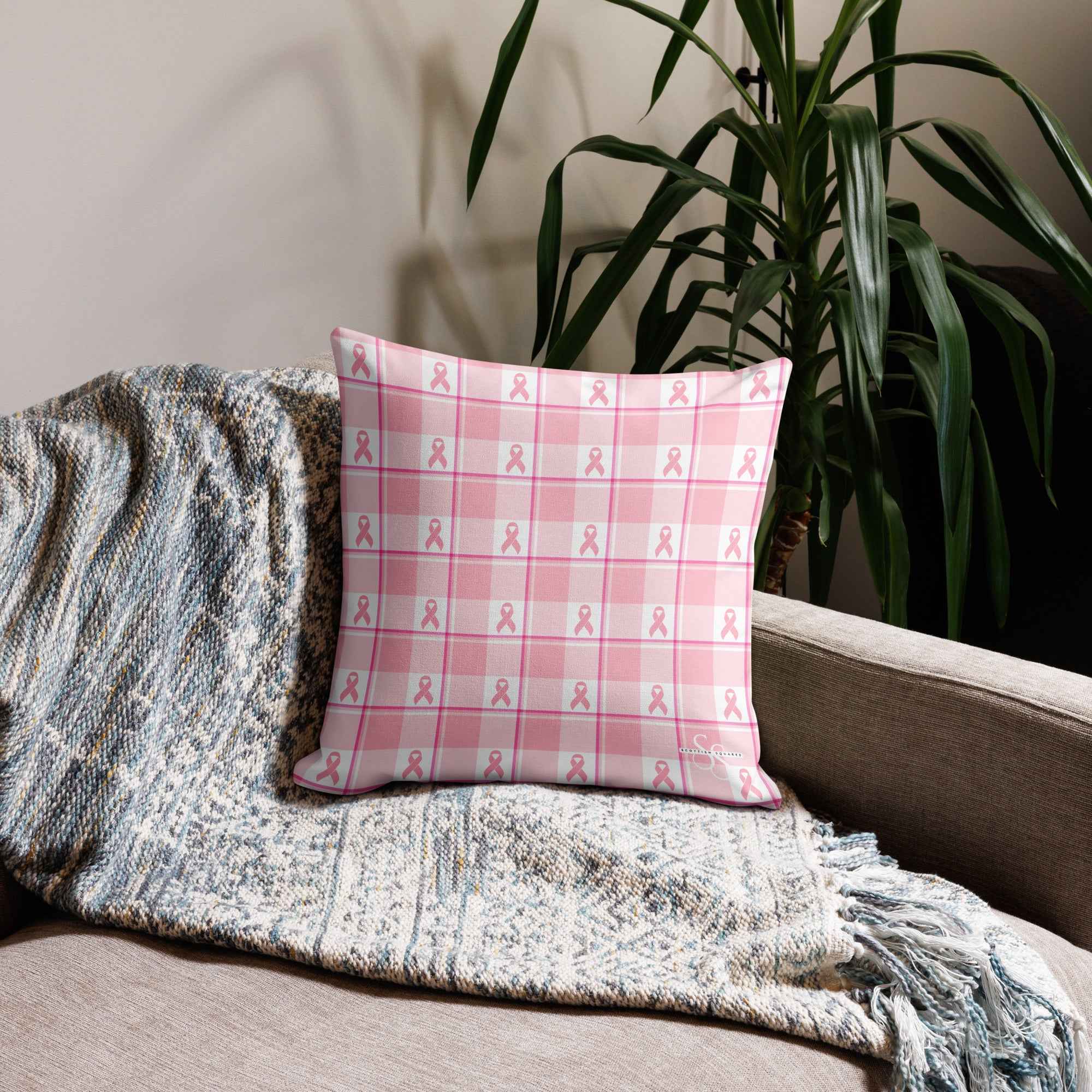 Throw Pillow Breast Cancer Awareness Plaid - Scottish Squares