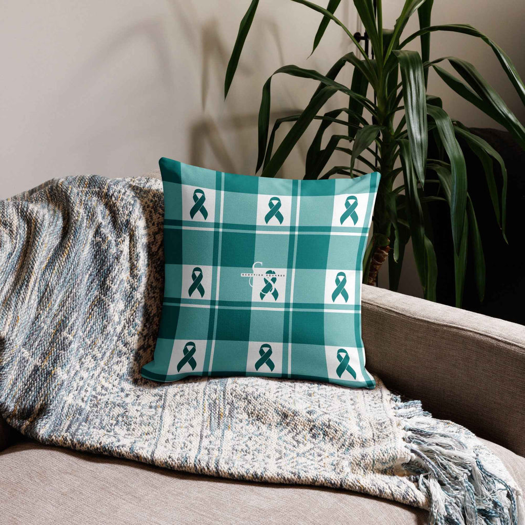 Throw Pillow Cervical Cancer Awareness Plaid, Teal Ribbon, Supportive Gift - Scottish Squares