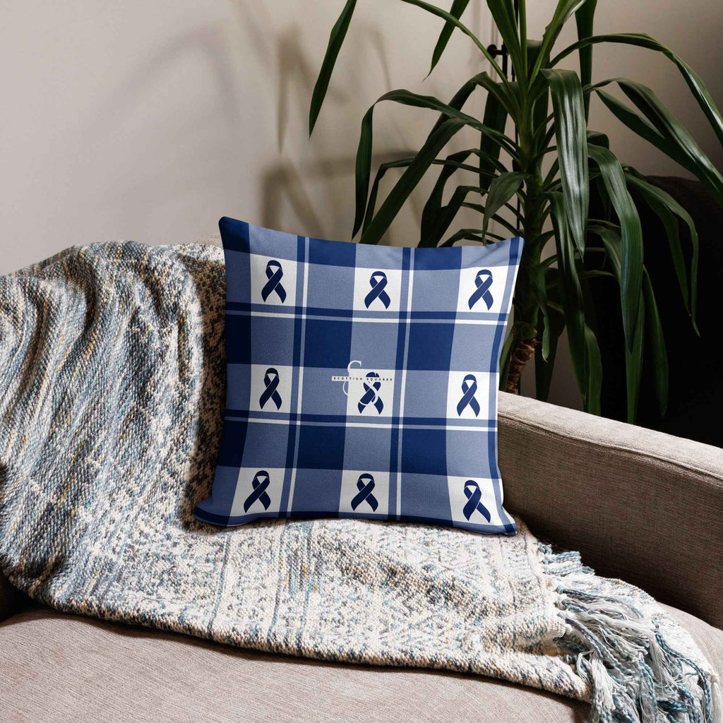 Throw Pillow Colorectal Cancer Awareness Plaid, Dark Blue Ribbon, Supportive Gift - Scottish Squares