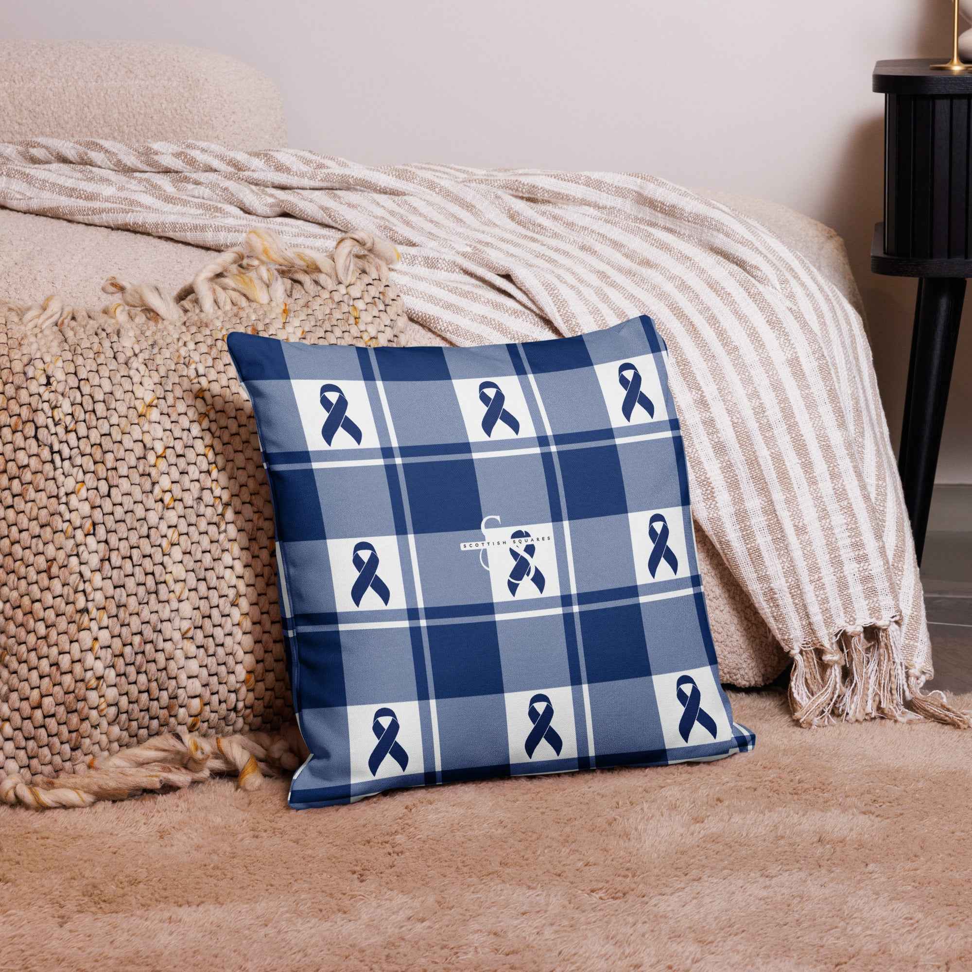 Throw Pillow Colorectal Cancer Awareness Plaid, Dark Blue Ribbon, Supportive Gift - Scottish Squares