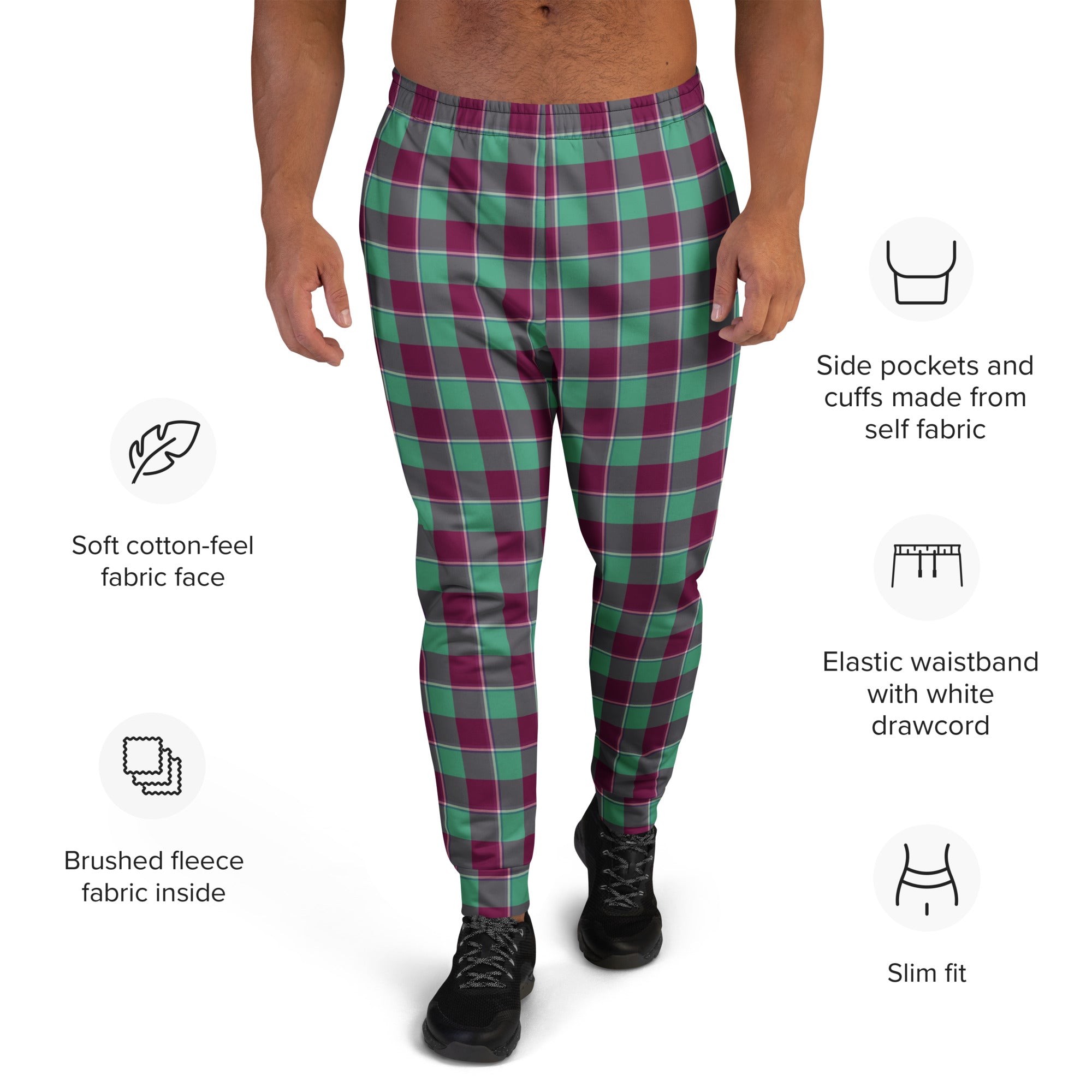 Ocean Green and Mulberry Wood Plaid Men's Joggers - Scottish Squares