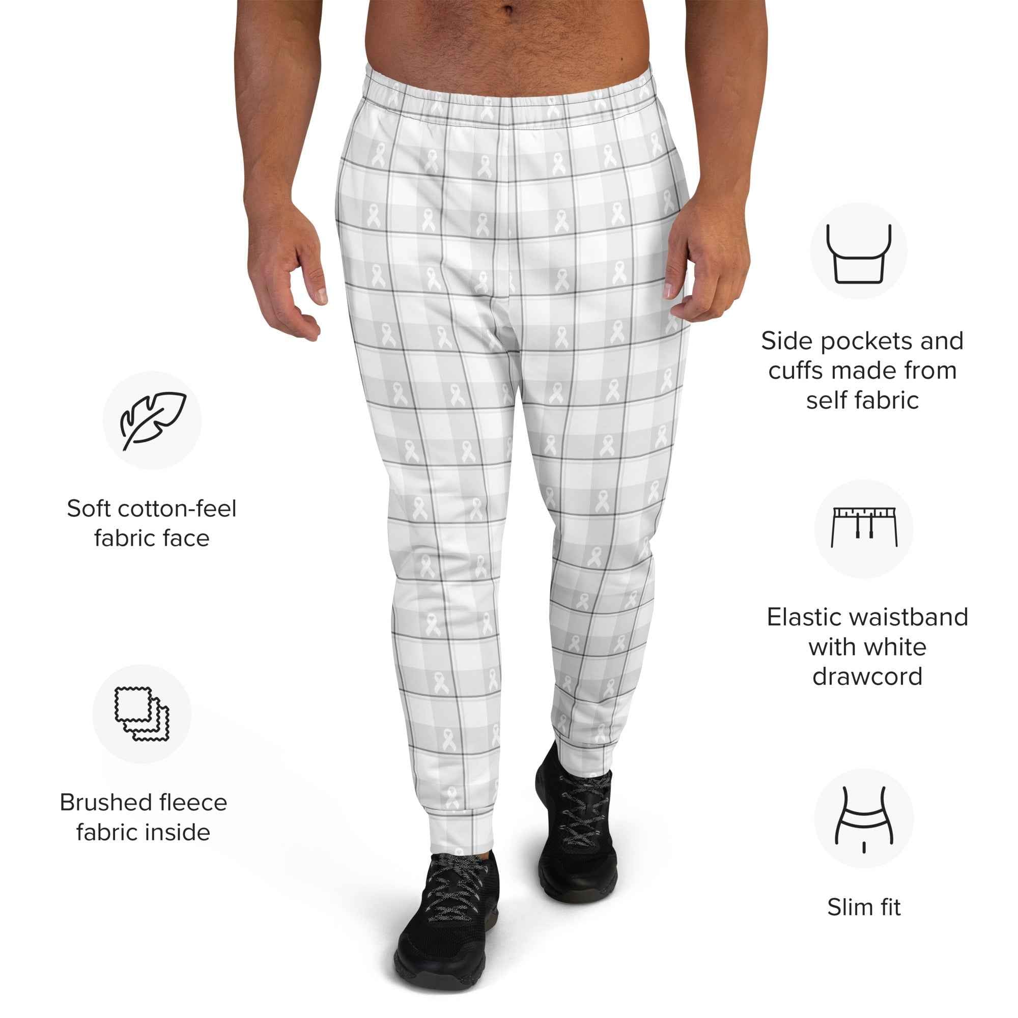 Men's Joggers Lung Cancer Awareness Plaid, White Ribbon, Supportive Gift - Scottish Squares