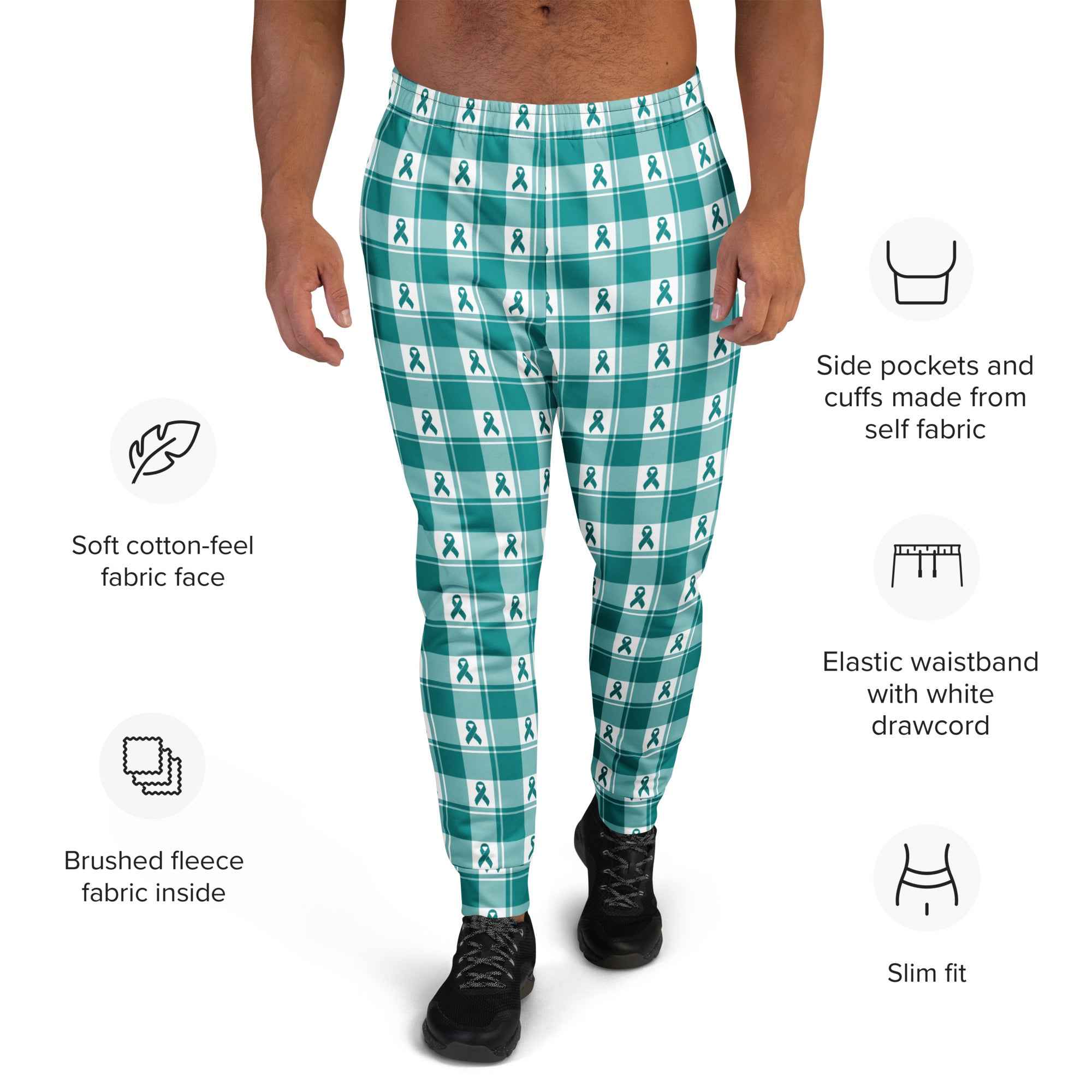 Men's Joggers Cervical Cancer Awareness Plaid, Teal Ribbon, Supportive Gift - Scottish Squares