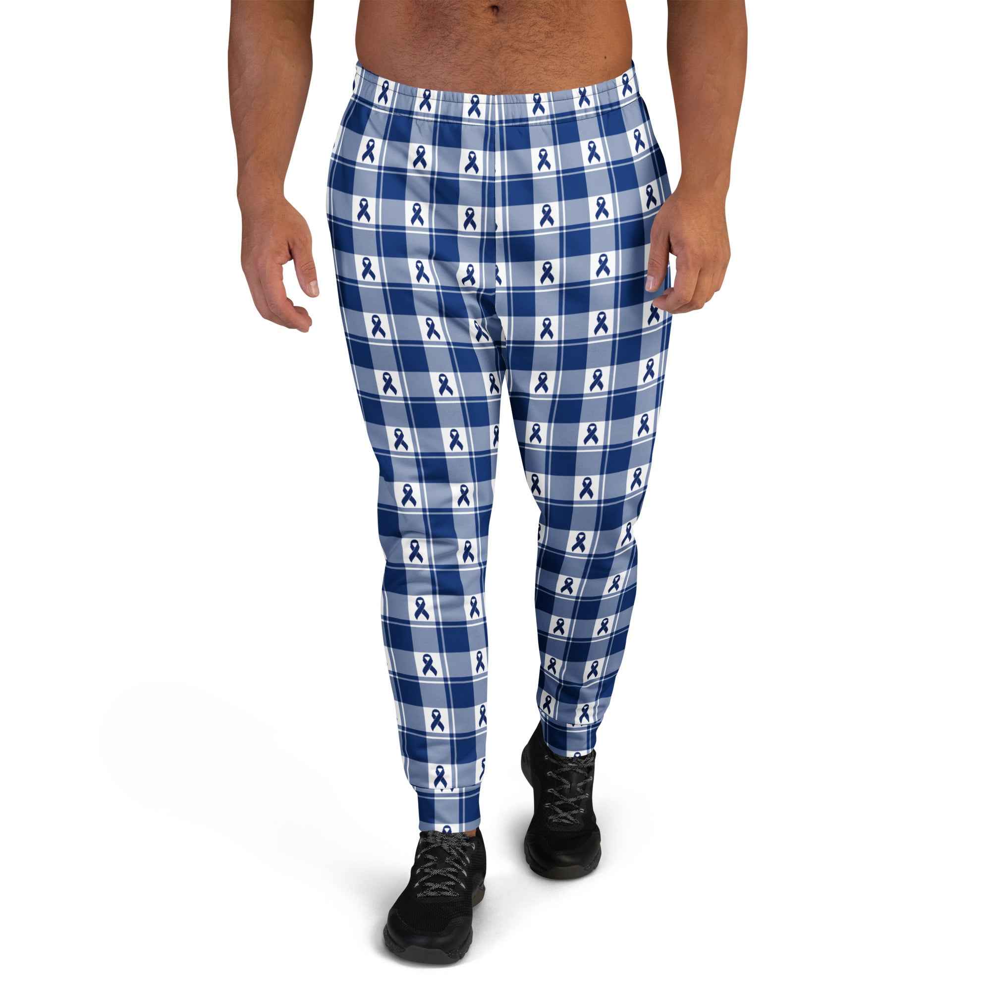 Men's Joggers Colorectal Cancer Awareness Plaid, Dark Blue Ribbon, Supportive Gift 3XL - Scottish Squares