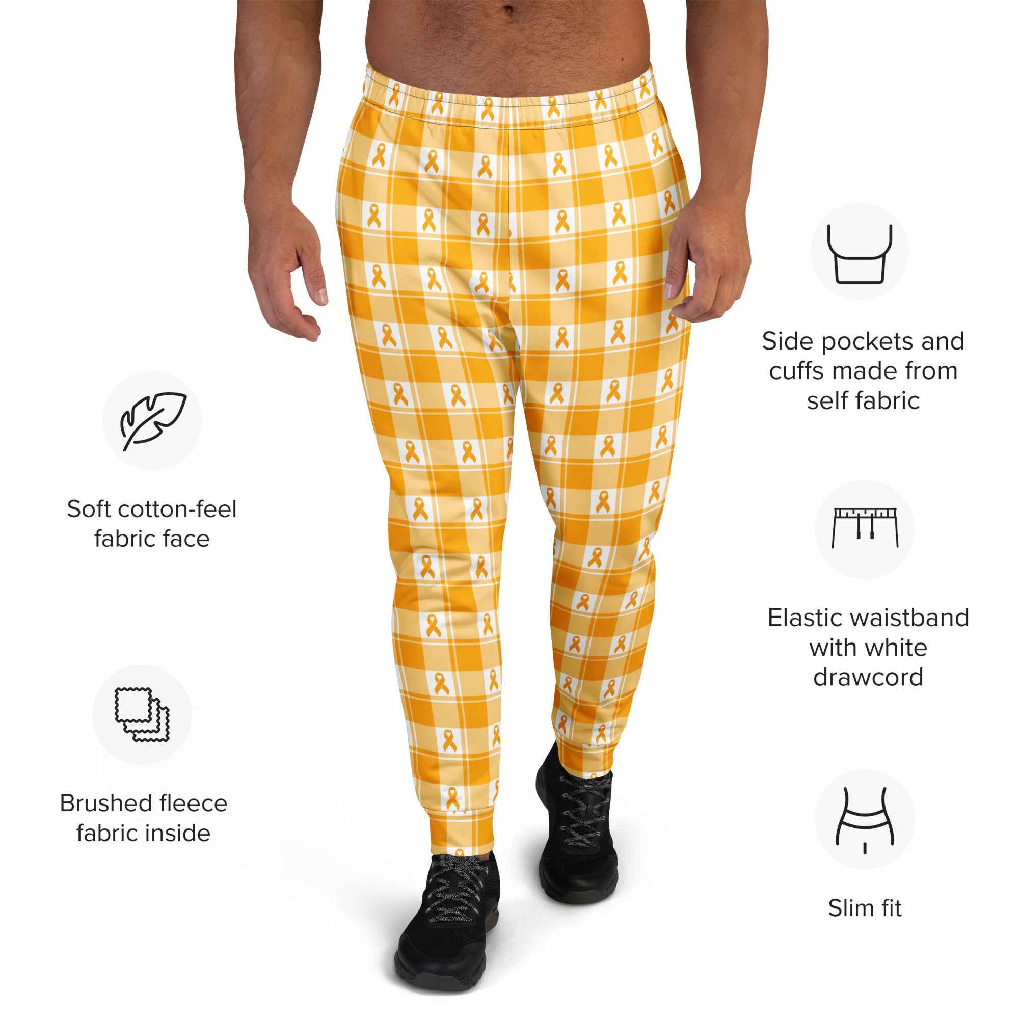 Men's Joggers Kidney Cancer Awareness Plaid, Orange Ribbon, Supportive Gift - Scottish Squares