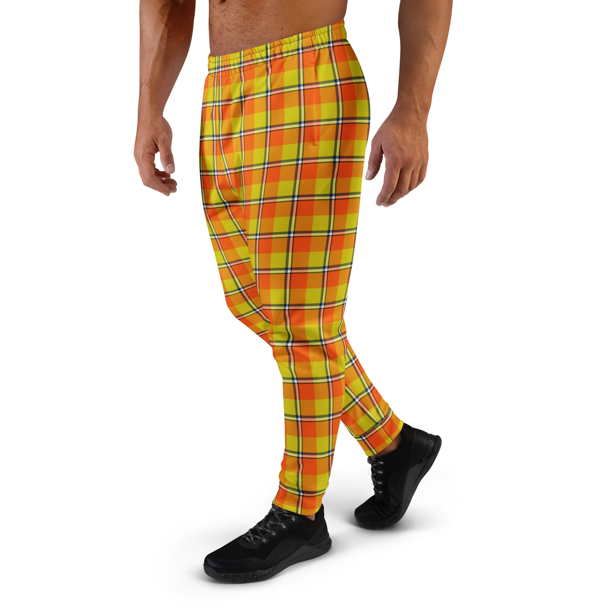 Blaze Orange and Bird Flower Plaid Men's Joggers - Scottish Squares