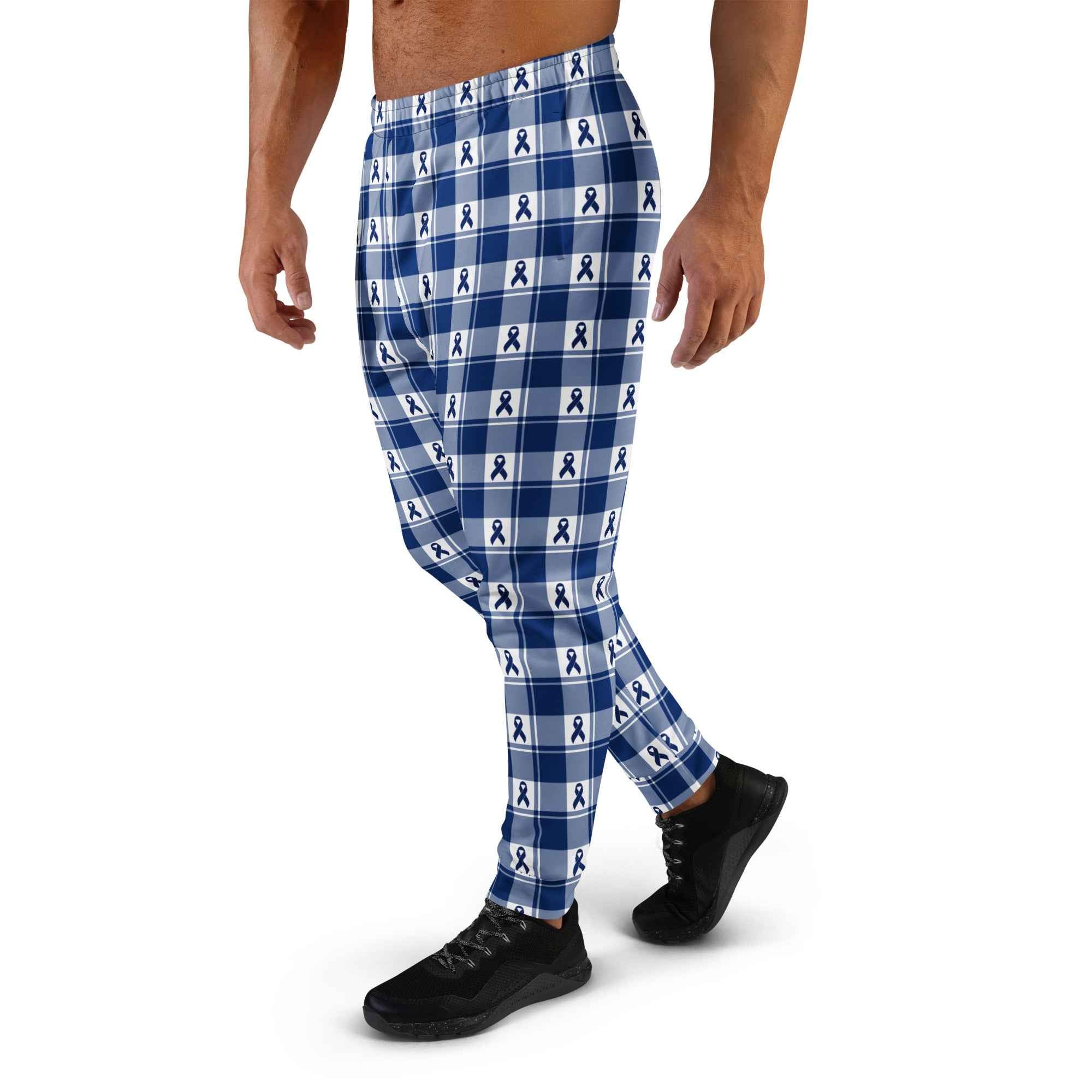 Men's Joggers Colorectal Cancer Awareness Plaid, Dark Blue Ribbon, Supportive Gift - Scottish Squares